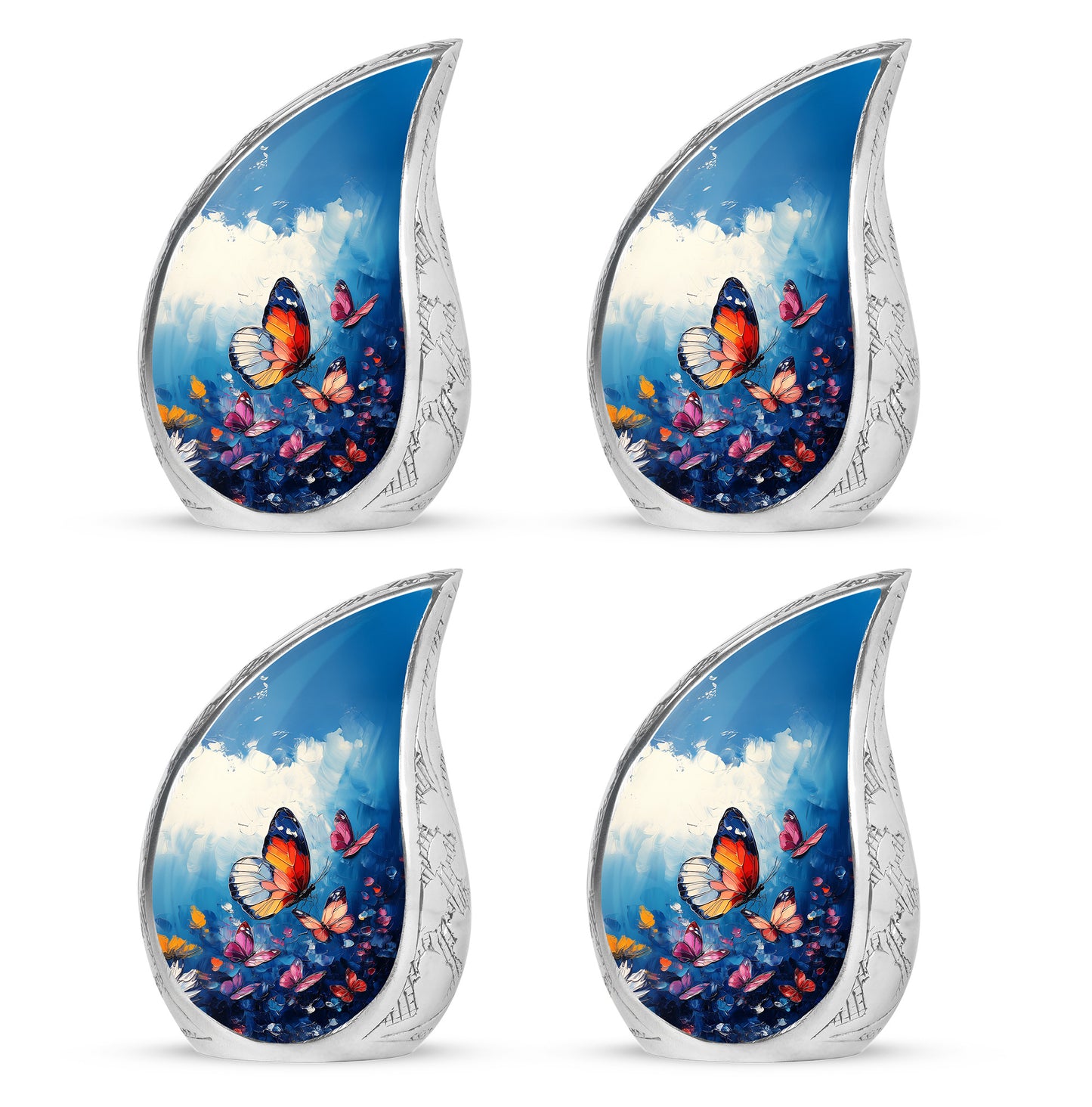 Bright Blue Butterfly Cremation Urn close-up of engraving and surface detail - smooth teardrop contour featuring butterfly art - 10 inch aluminum urn for cremated remains