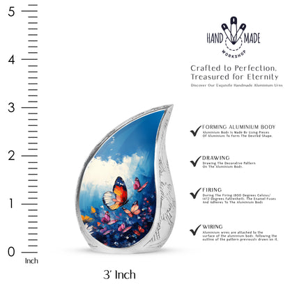 Powder Blue Butterfly Cremation Urn angled view of lid and engraved motif - flowing teardrop butterfly silhouette on curved aluminum - mini keepsake memorial for portion of cremation ashes