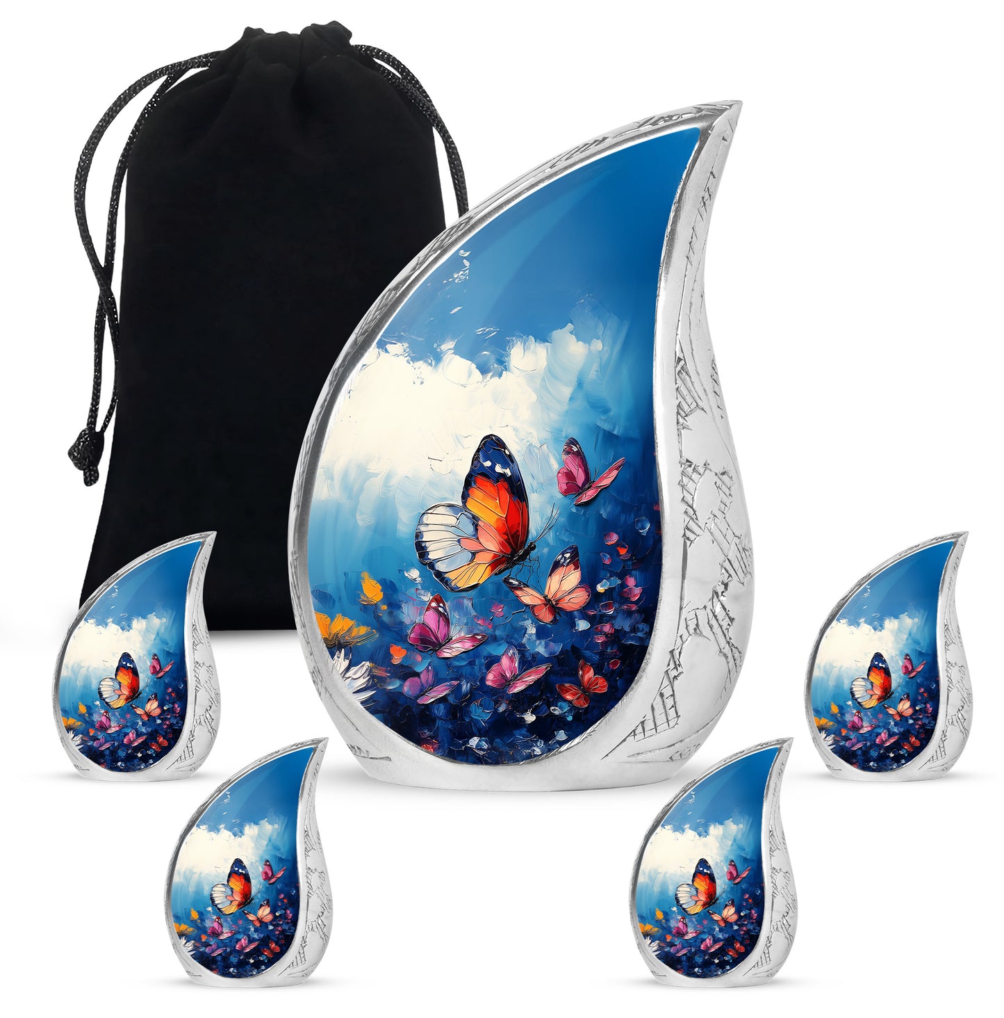 Serene Blue Butterfly Cremation Urn side profile showing urn shape - graceful tear-shaped urn with butterfly motif - memorial set with one large and four small urns