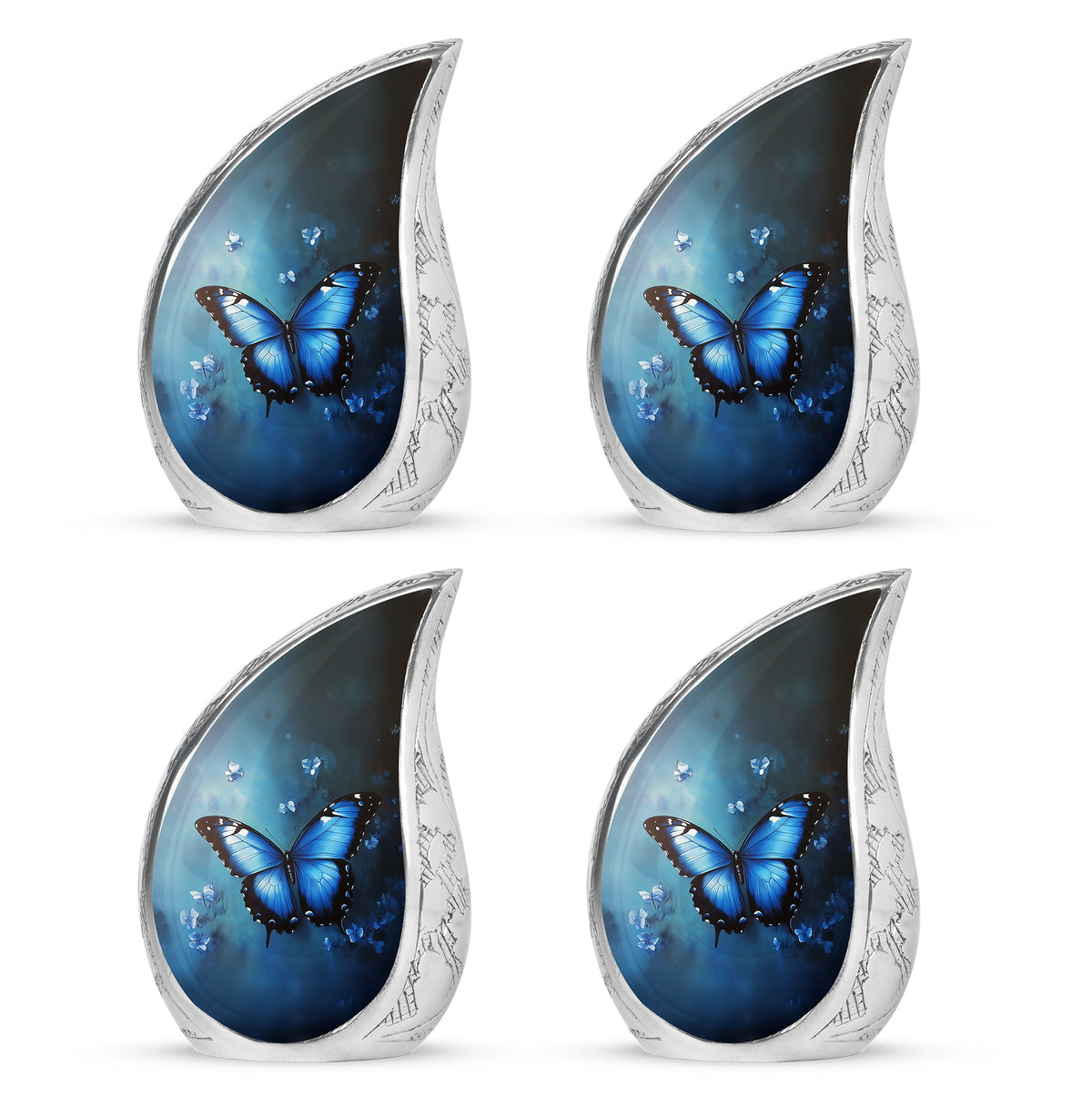 Celestial Blue Butterfly Cremation Urn close-up of engraving and surface detail - rounded teardrop butterfly design with delicate detail - 10 inch aluminum urn for cremated remains