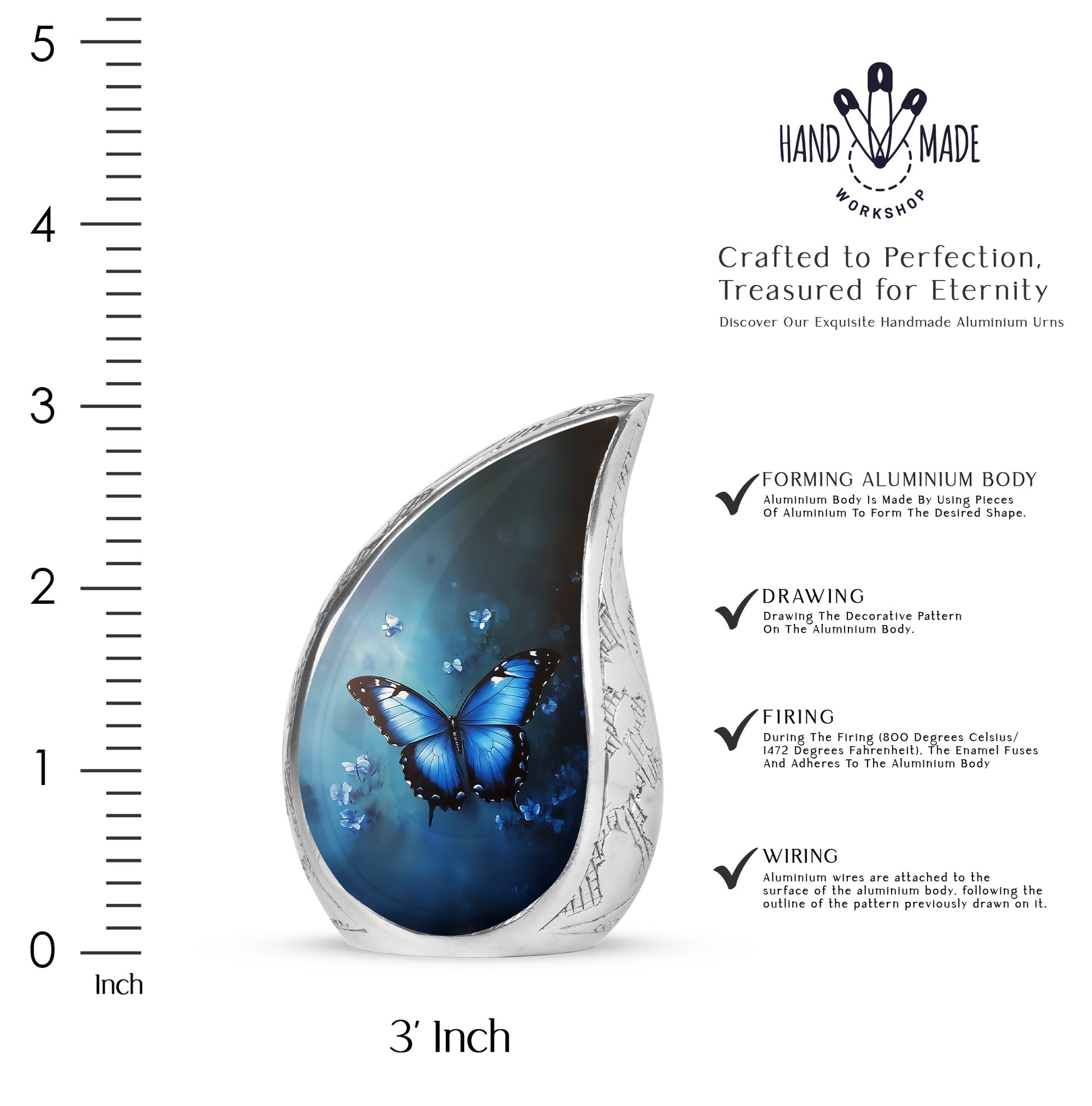 Celestial Blue Butterfly Cremation Urn angled view of lid and engraved motif - rounded teardrop butterfly design with delicate detail - mini keepsake memorial for portion of cremation ashes