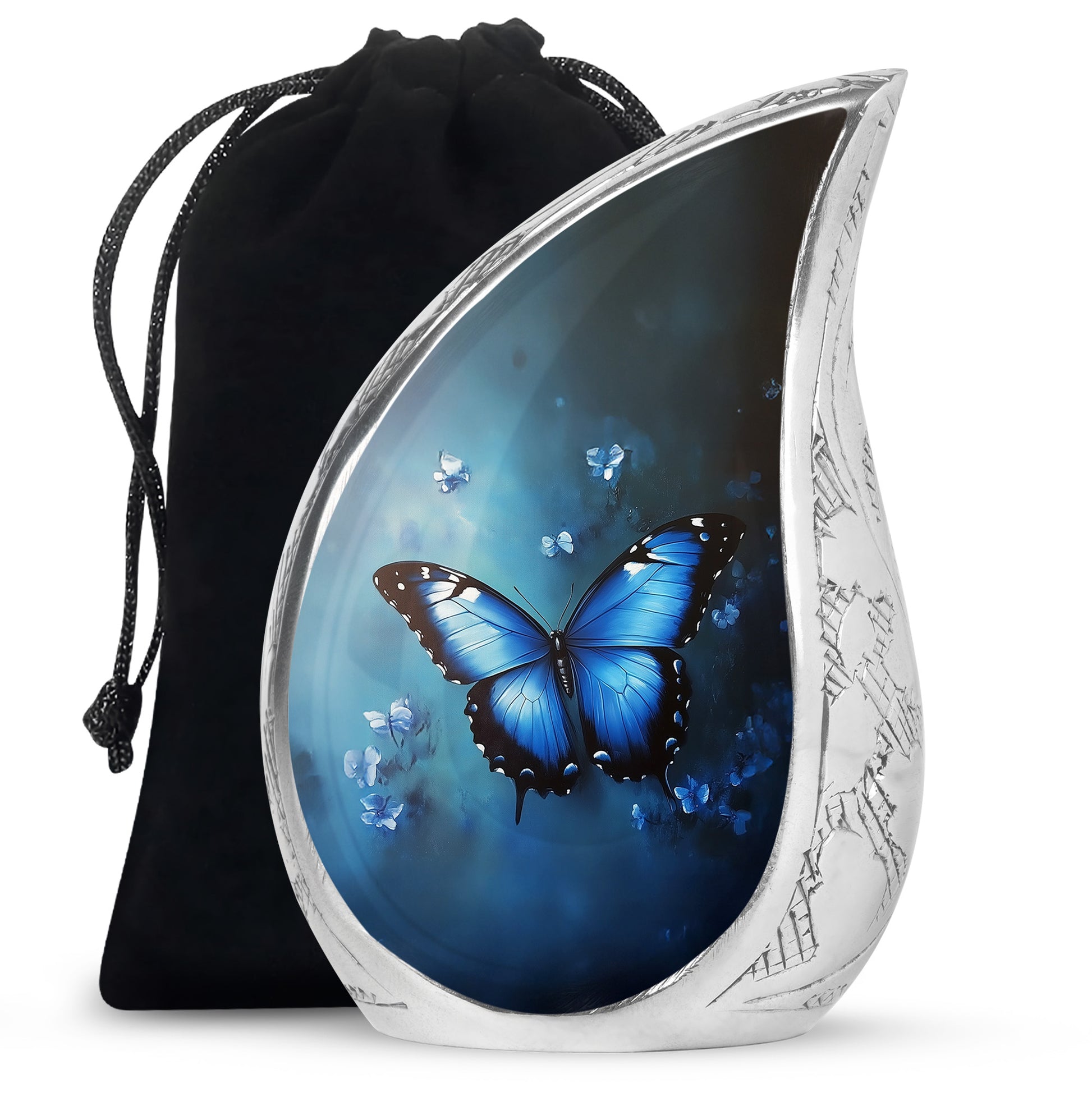 Steel Blue Butterfly Cremation Urn front view showing detailed design - graceful tear-shaped urn with butterfly motif - full-size 10 inch 200 cubic inch adult cremation urn