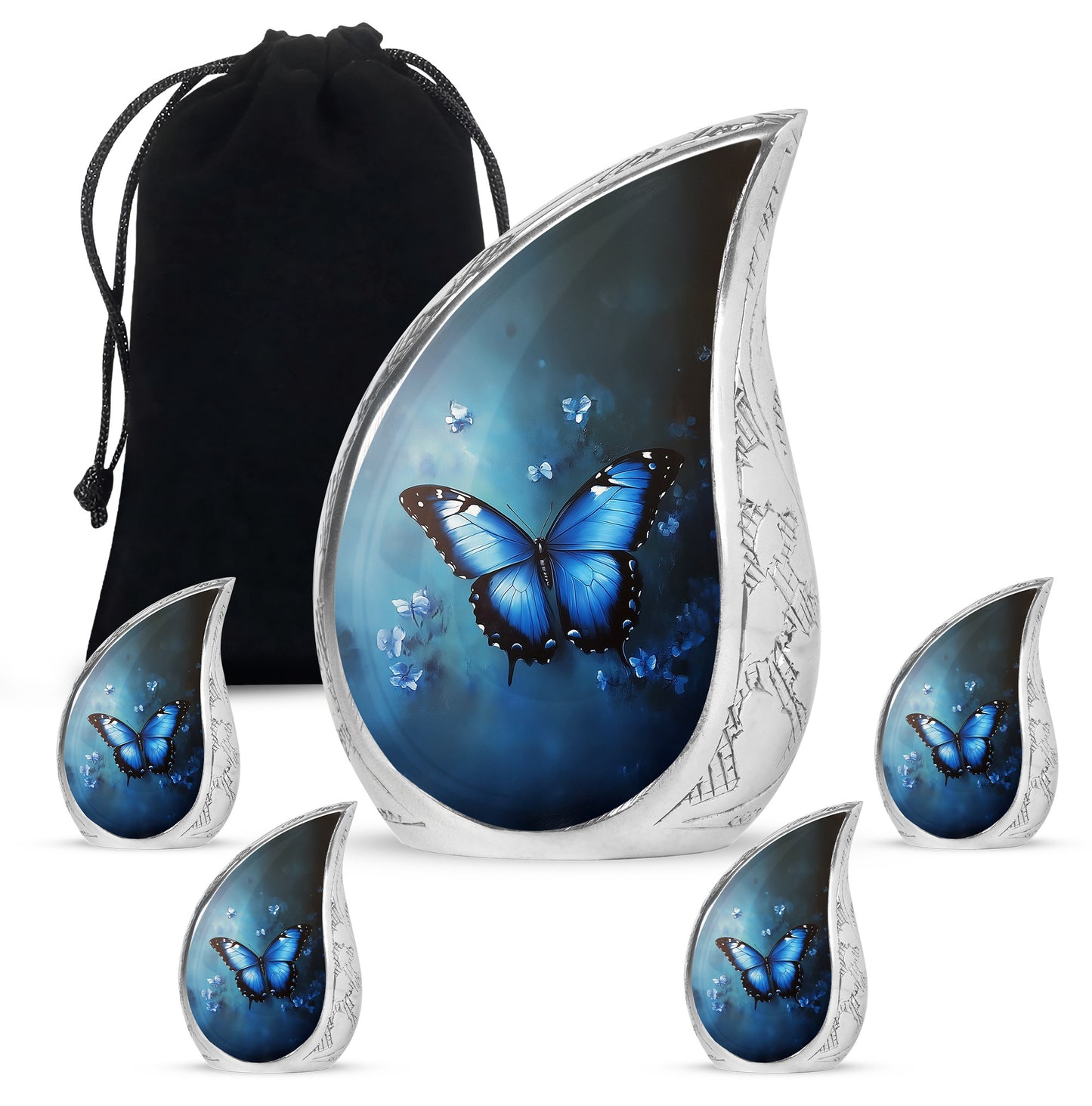 Dusty Blue Butterfly Cremation Urn side profile showing urn shape - rounded teardrop butterfly design with delicate detail - memorial set with one large and four small urns