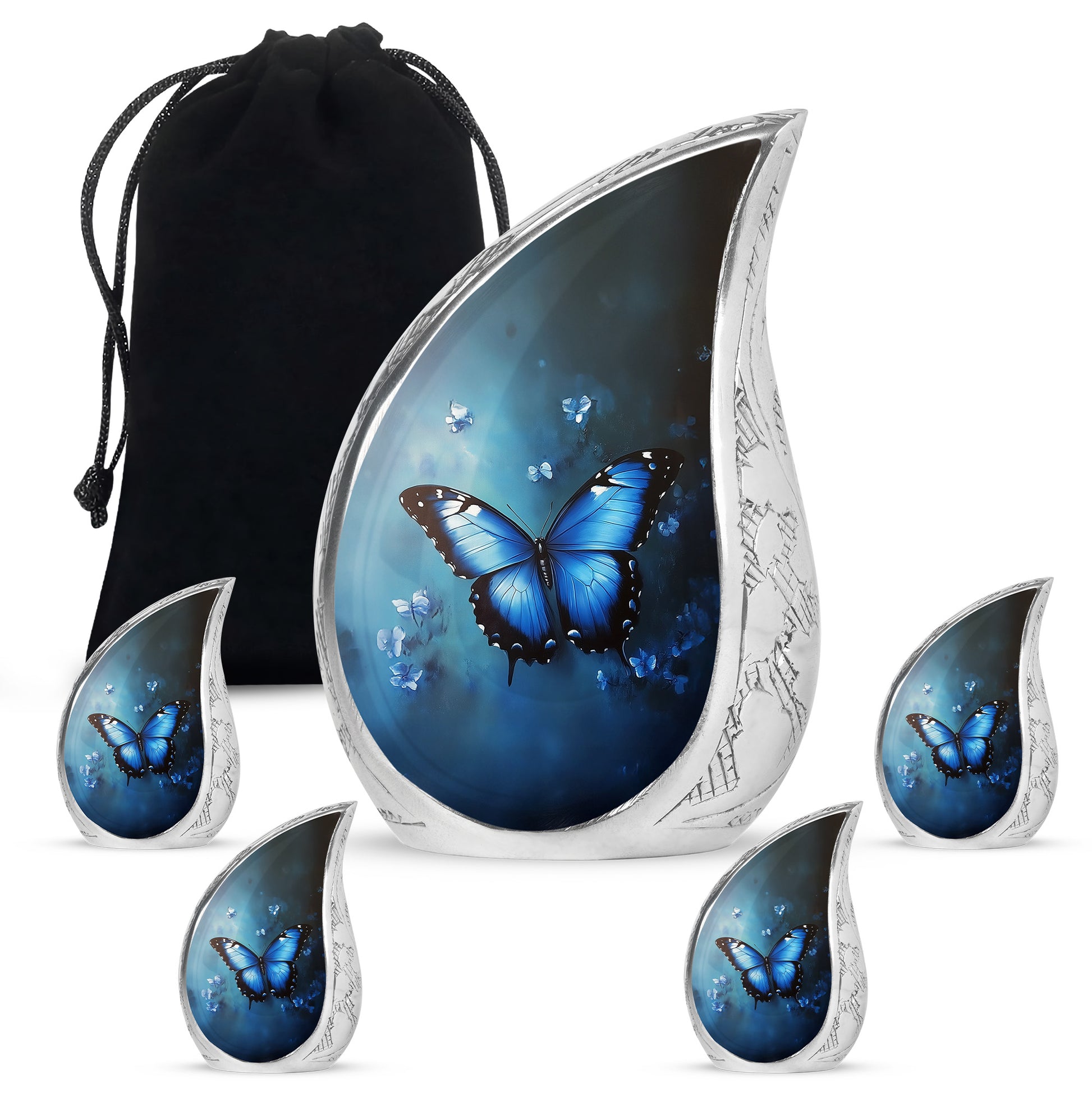 Dusty Blue Butterfly Cremation Urn side profile showing urn shape - rounded teardrop butterfly design with delicate detail - memorial set with one large and four small urns