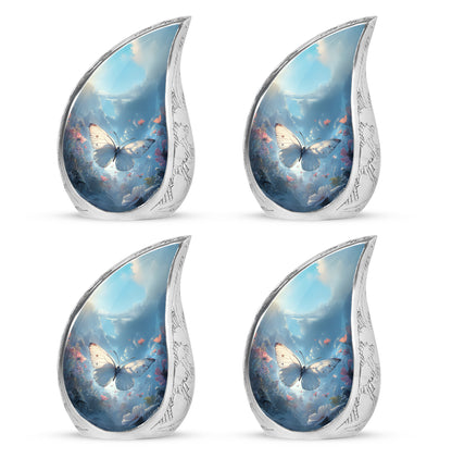 Twilight Blue Butterfly Cremation Urn close-up of engraving and surface detail - graceful tear-shaped urn with butterfly motif - 10 inch aluminum urn for cremated remains