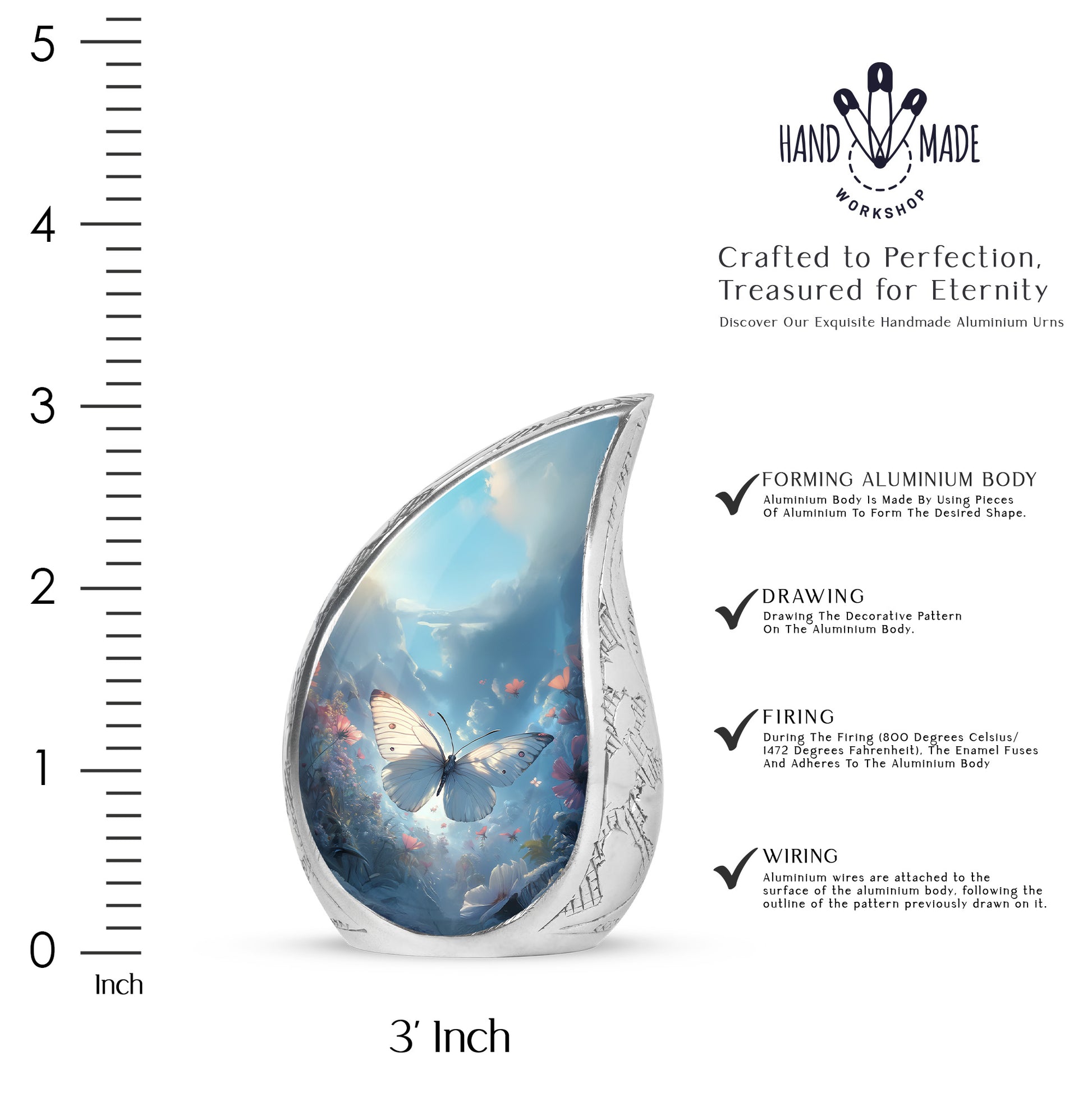 Steel Blue Butterfly Cremation Urn angled view of lid and engraved motif - graceful tear-shaped urn with butterfly motif - mini keepsake memorial for portion of cremation ashes