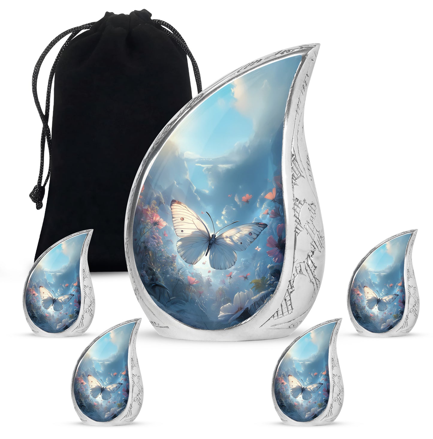 Bright Blue Butterfly Cremation Urn side profile showing urn shape - graceful tear-shaped urn with butterfly motif - memorial set with one large and four small urns