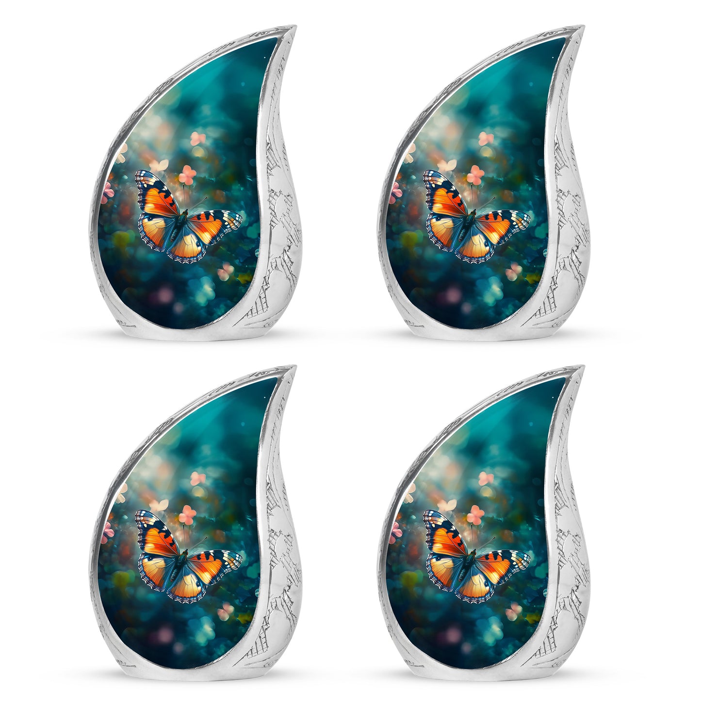 Sea Green Teal Butterfly Cremation Urn close-up of engraving and surface detail - flowing teardrop butterfly silhouette on curved aluminum - 10 inch aluminum urn for cremated remains