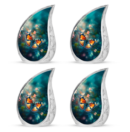 Sea Green Teal Butterfly Cremation Urn close-up of engraving and surface detail - flowing teardrop butterfly silhouette on curved aluminum - 10 inch aluminum urn for cremated remains