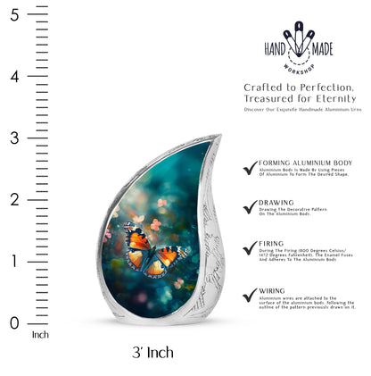 Cool Teal Butterfly Cremation Urn angled view of lid and engraved motif - rounded teardrop butterfly design with delicate detail - mini keepsake memorial for portion of cremation ashes