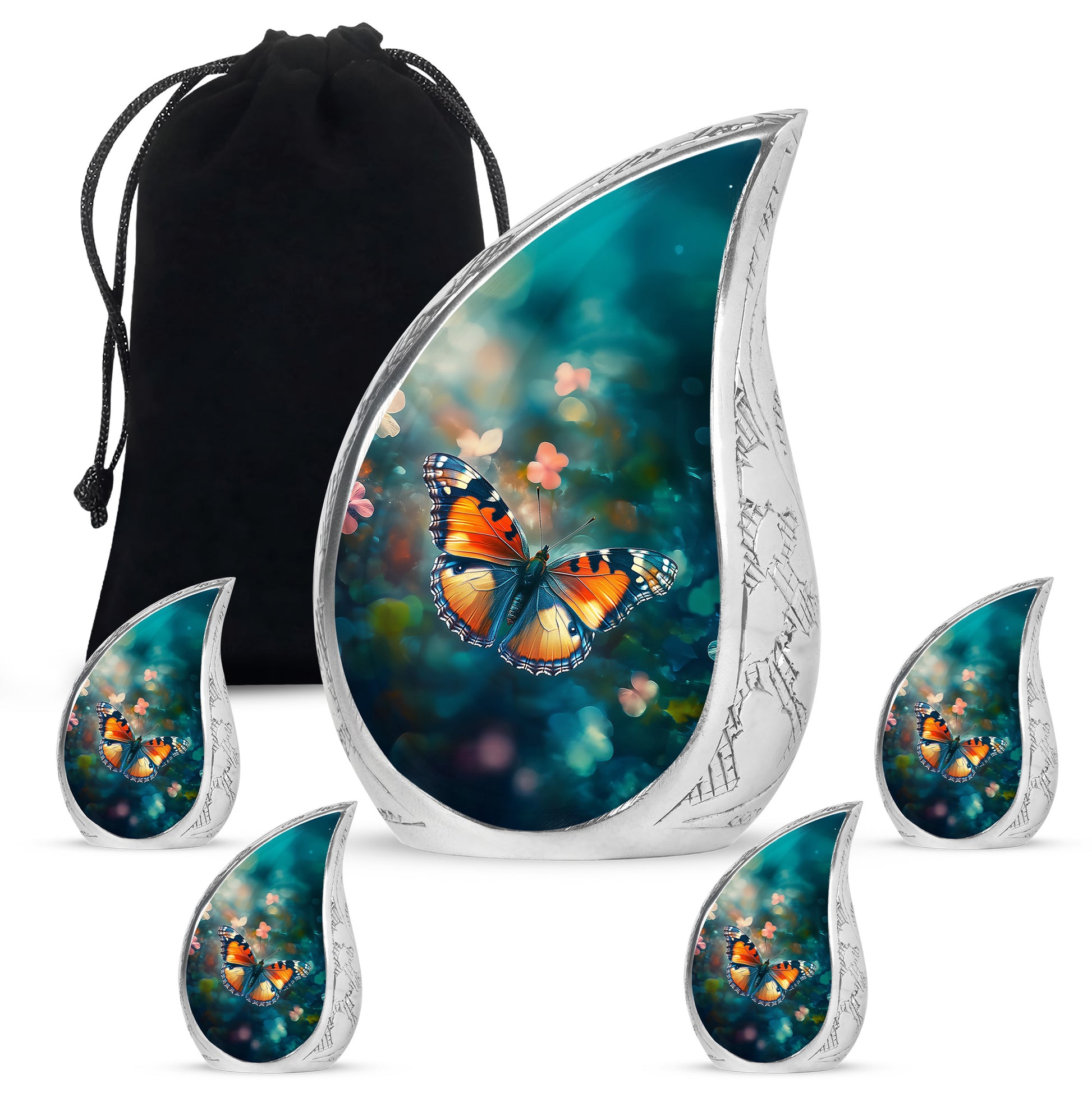 Soft Teal Butterfly Cremation Urn side profile showing urn shape - flowing teardrop butterfly silhouette on curved aluminum - memorial set with one large and four small urns