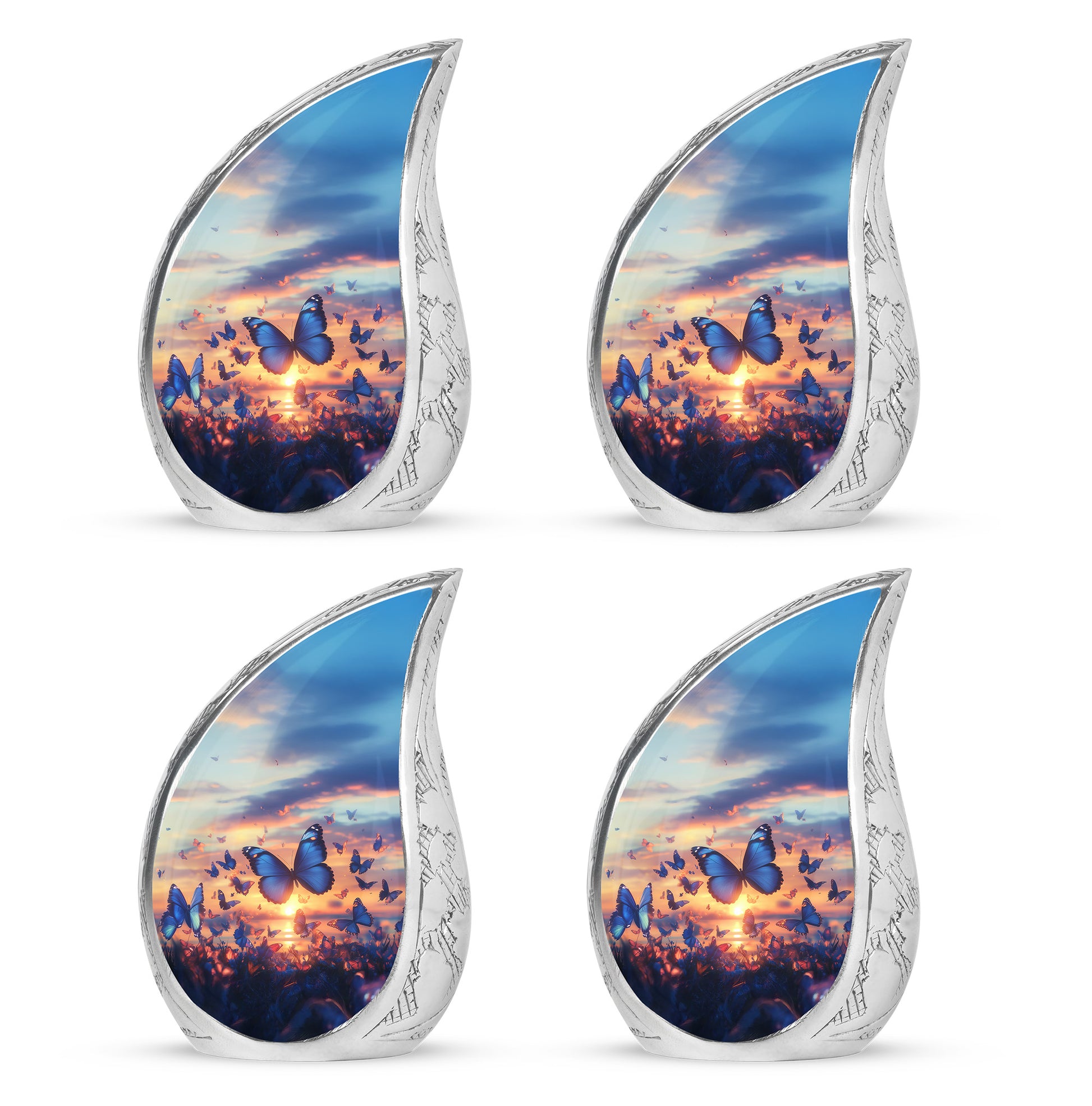 Twilight Blue Butterfly Cremation Urn close-up of engraving and surface detail - smooth teardrop contour featuring butterfly art - 10 inch aluminum urn for cremated remains