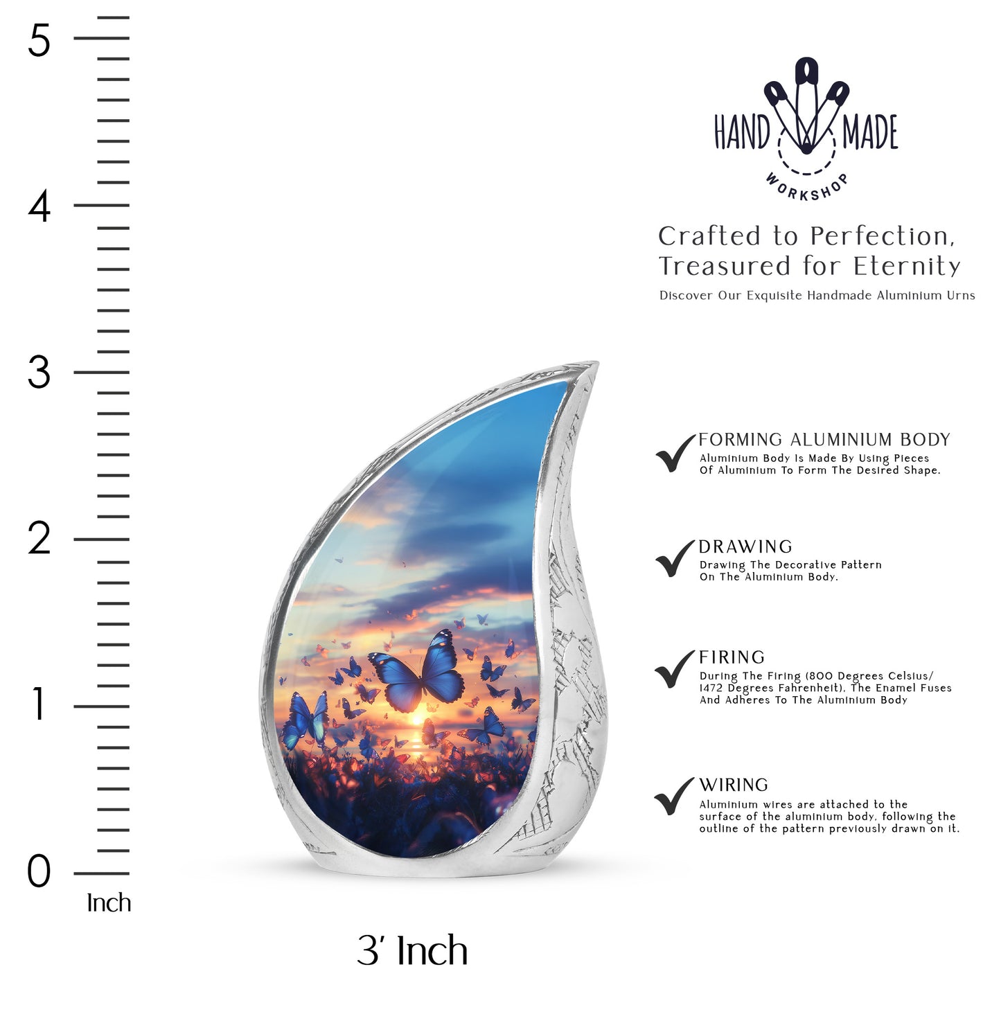 Powder Blue Butterfly Cremation Urn angled view of lid and engraved motif - rounded teardrop butterfly design with delicate detail - mini keepsake memorial for portion of cremation ashes