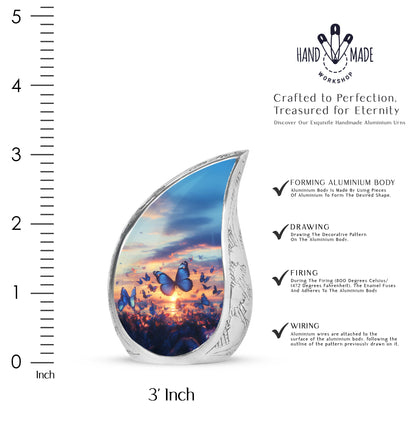 Powder Blue Butterfly Cremation Urn angled view of lid and engraved motif - rounded teardrop butterfly design with delicate detail - mini keepsake memorial for portion of cremation ashes