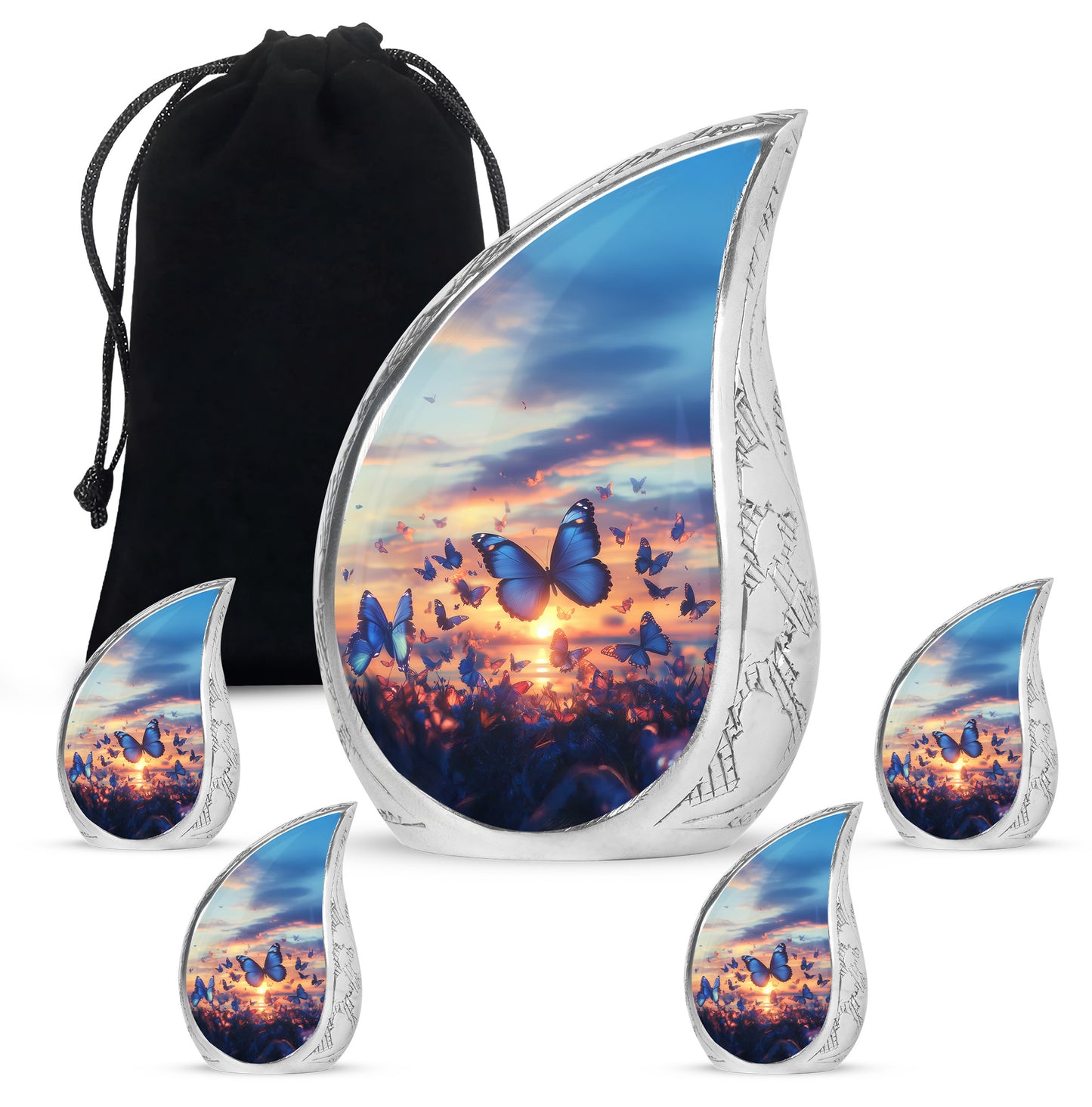 Azure Butterfly Cremation Urn side profile showing urn shape - rounded teardrop butterfly design with delicate detail - memorial set with one large and four small urns