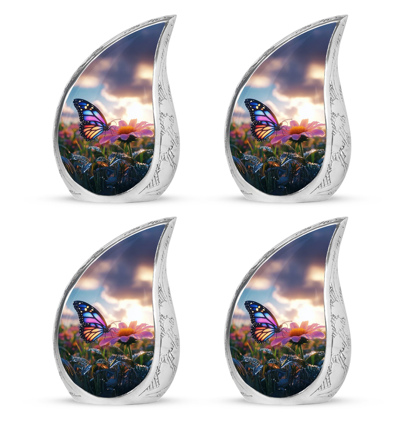 Celestial Blue Butterfly Cremation Urn close-up of engraving and surface detail - flowing teardrop butterfly silhouette on curved aluminum - 10 inch aluminum urn for cremated remains