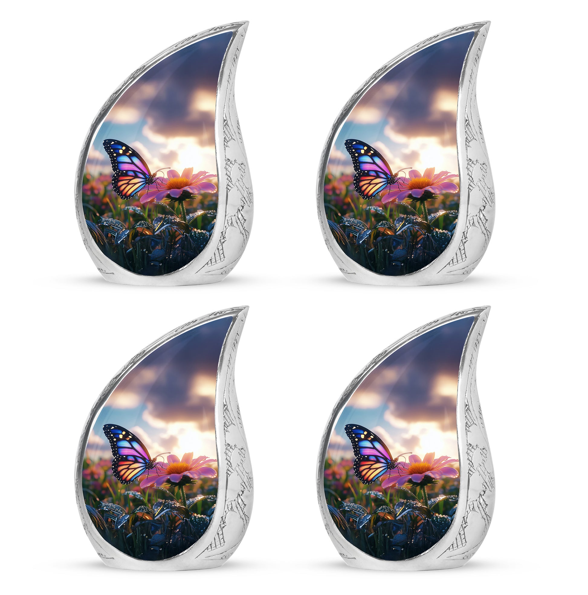 Celestial Blue Butterfly Cremation Urn close-up of engraving and surface detail - flowing teardrop butterfly silhouette on curved aluminum - 10 inch aluminum urn for cremated remains