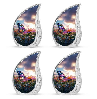 Celestial Blue Butterfly Cremation Urn close-up of engraving and surface detail - flowing teardrop butterfly silhouette on curved aluminum - 10 inch aluminum urn for cremated remains