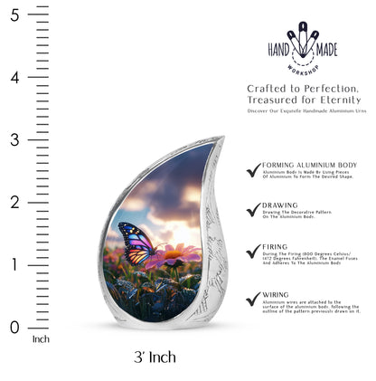 Cobalt Blue Butterfly Cremation Urn angled view of lid and engraved motif - smooth teardrop contour featuring butterfly art - mini keepsake memorial for portion of cremation ashes