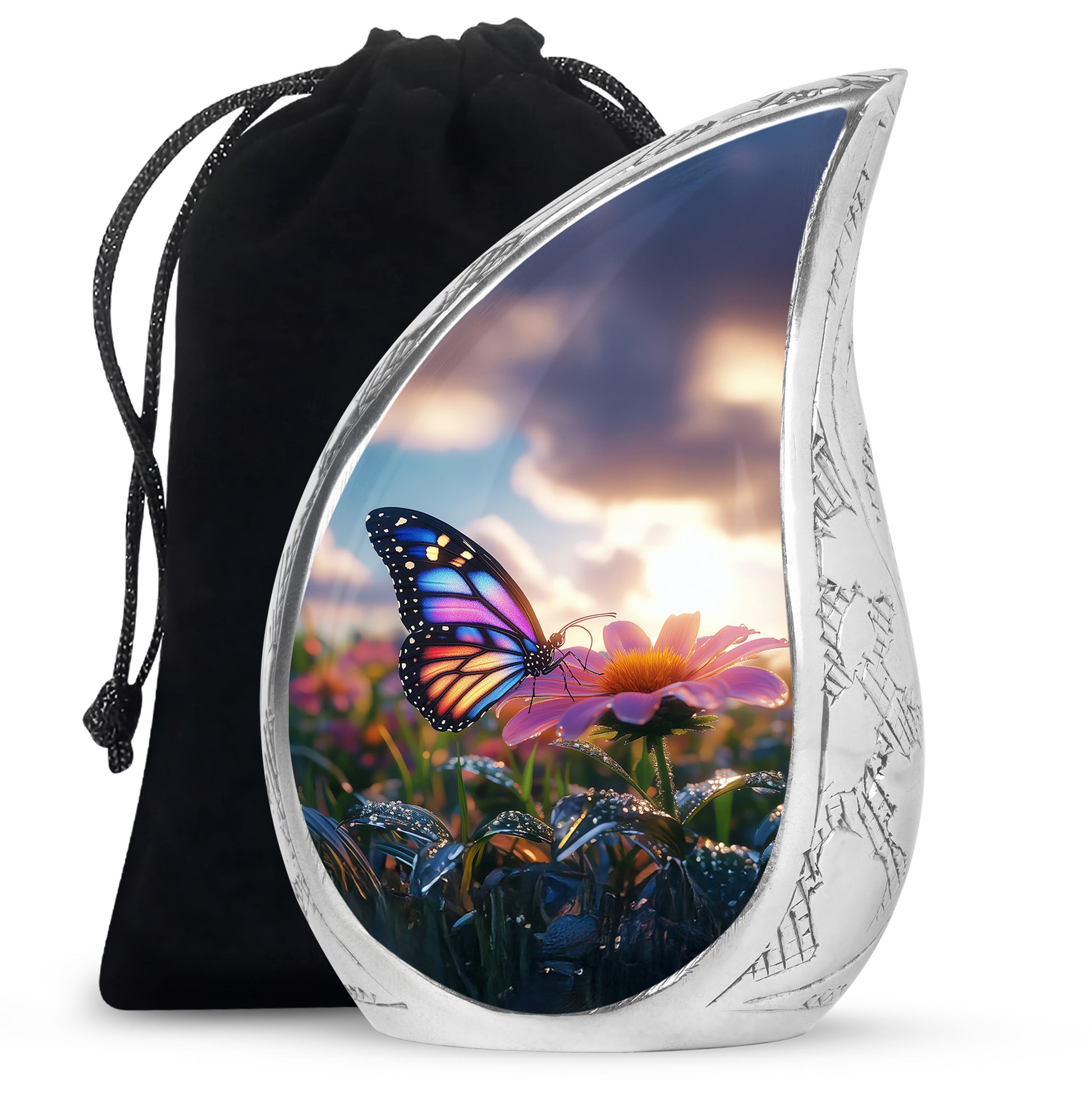 Vivid Blue Butterfly Cremation Urn front view showing detailed design - smooth teardrop contour featuring butterfly art - full-size 10 inch 200 cubic inch adult cremation urn