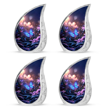 Dusty Pink Butterfly Cremation Urn close-up of engraving and surface detail - smooth teardrop contour featuring butterfly art - 10 inch aluminum urn for cremated remains