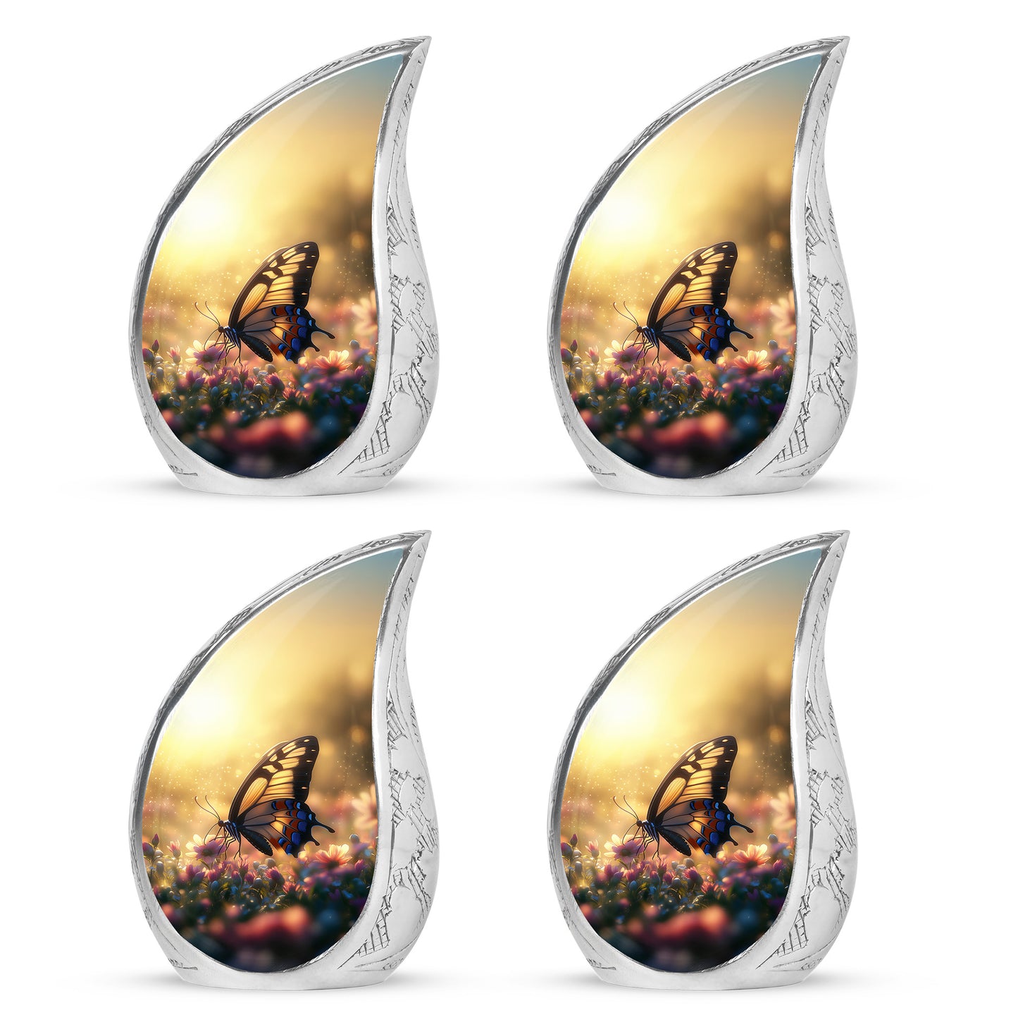Royal Gold Butterfly Cremation Urn close-up of engraving and surface detail - graceful tear-shaped urn with butterfly motif - 10 inch aluminum urn for cremated remains