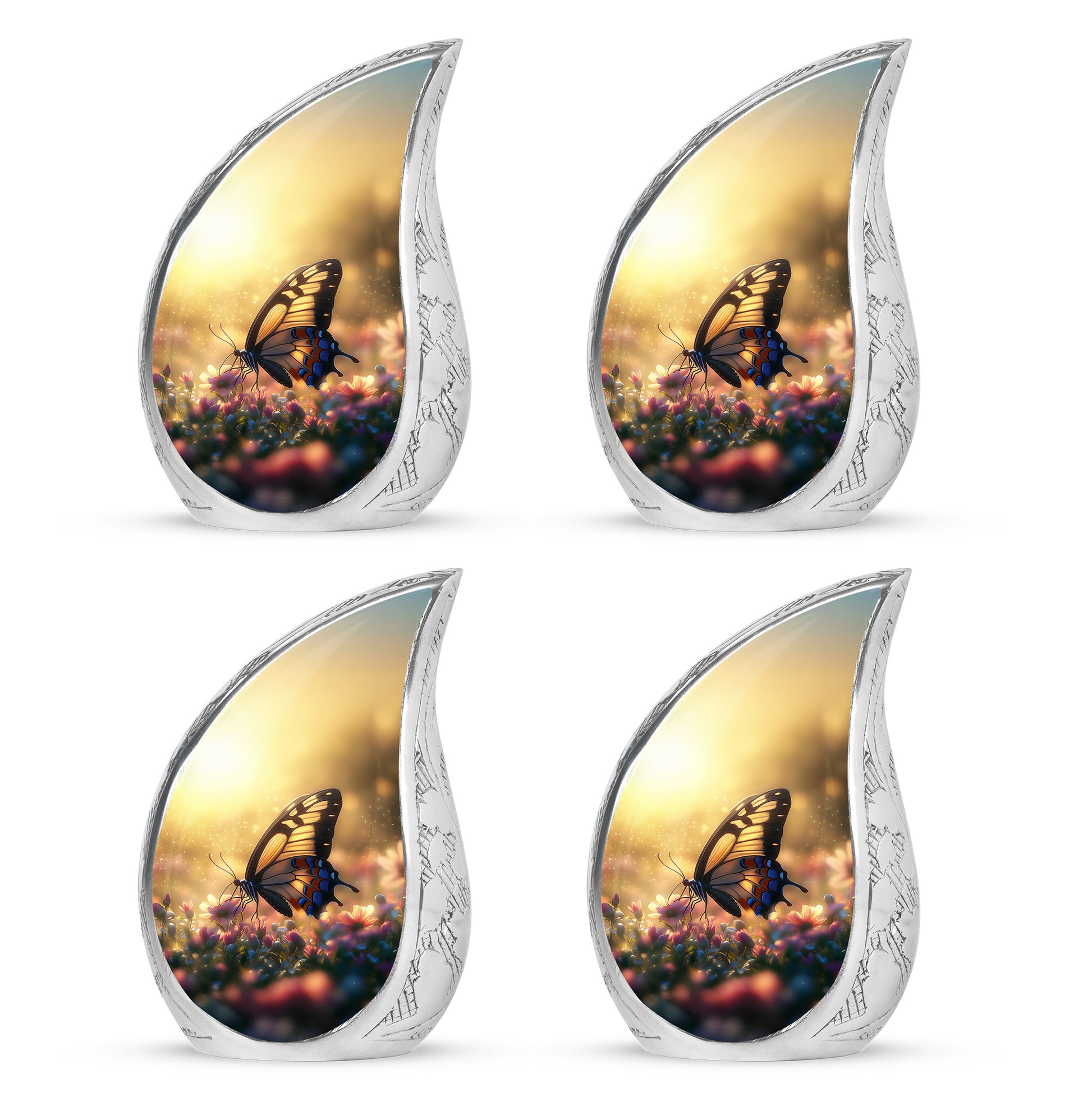 Royal Gold Butterfly Cremation Urn close-up of engraving and surface detail - graceful tear-shaped urn with butterfly motif - 10 inch aluminum urn for cremated remains