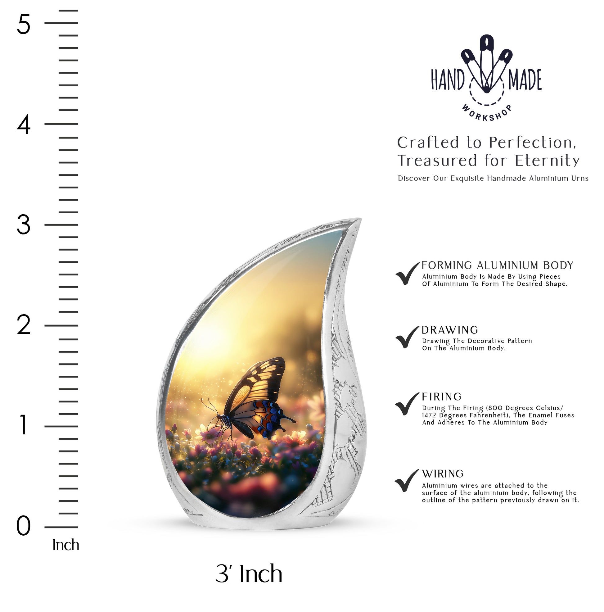 Warm Gold Butterfly Cremation Urn angled view of lid and engraved motif - graceful tear-shaped urn with butterfly motif - mini keepsake memorial for portion of cremation ashes