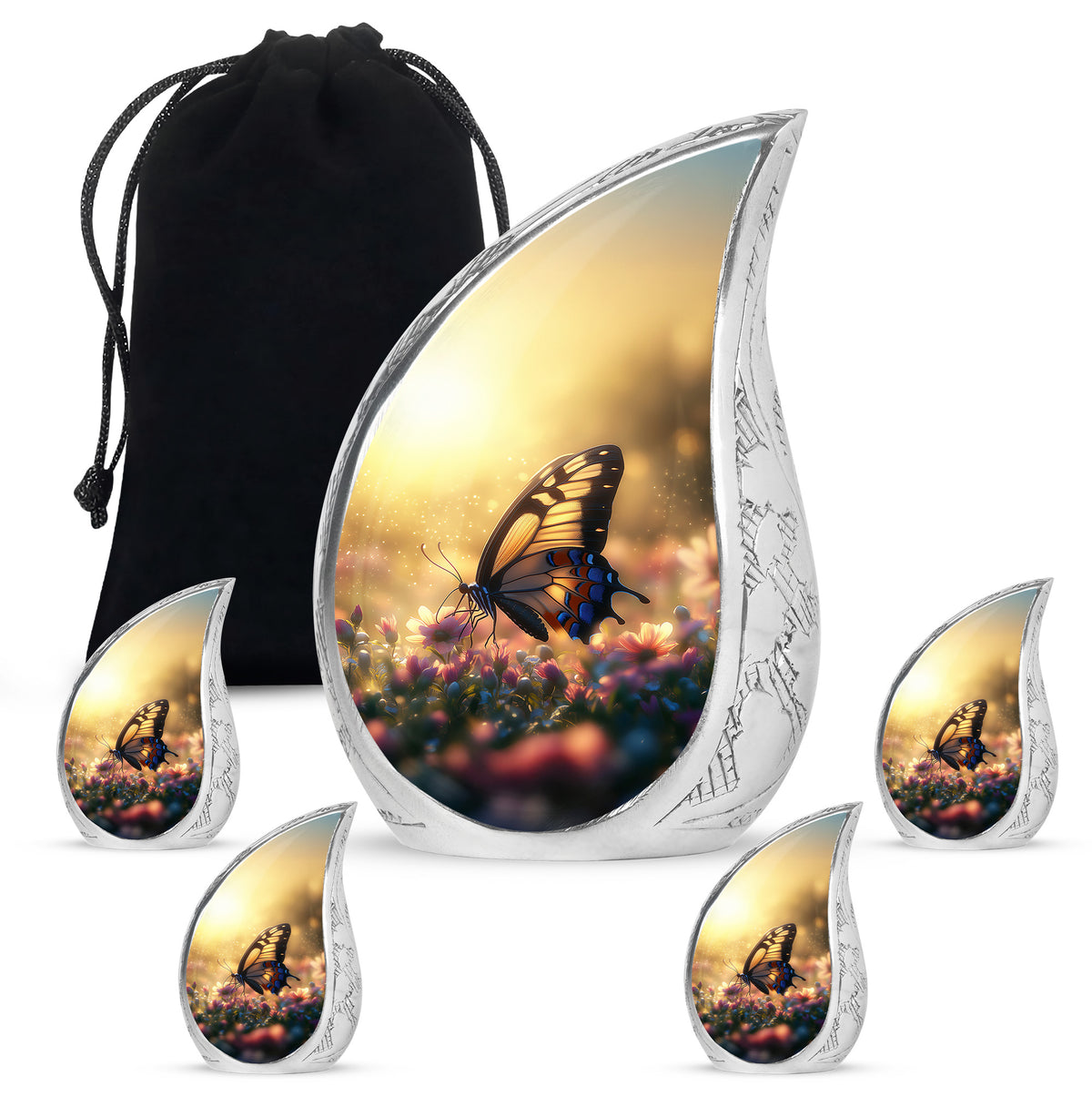 Warm Gold Butterfly Cremation Urn side profile showing urn shape - smooth teardrop contour featuring butterfly art - memorial set with one large and four small urns
