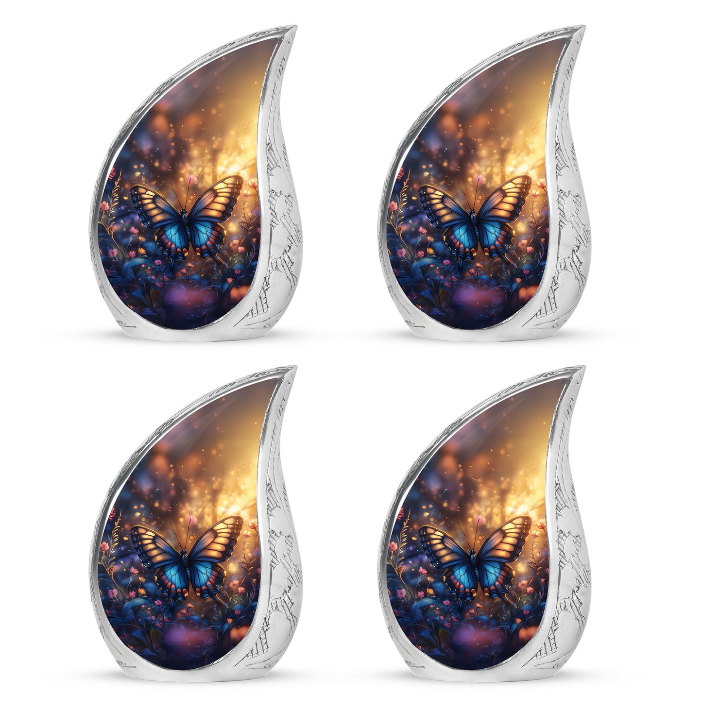 Amber Gold Butterfly Cremation Urn close-up of engraving and surface detail - rounded teardrop butterfly design with delicate detail - 10 inch aluminum urn for cremated remains