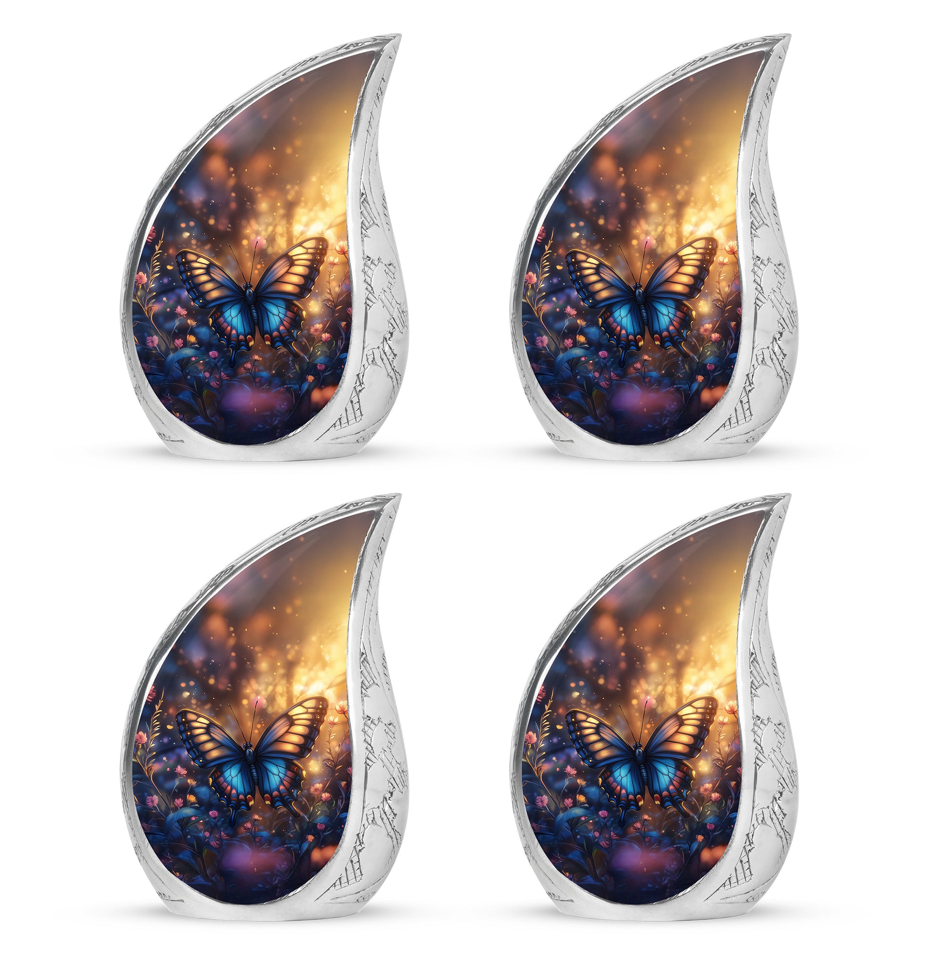 Amber Gold Butterfly Cremation Urn close-up of engraving and surface detail - rounded teardrop butterfly design with delicate detail - 10 inch aluminum urn for cremated remains