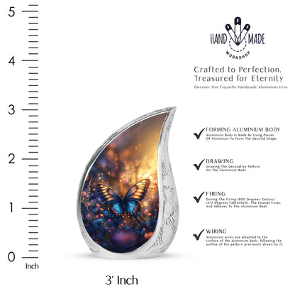 Royal Gold Butterfly Cremation Urn angled view of lid and engraved motif - smooth teardrop contour featuring butterfly art - mini keepsake memorial for portion of cremation ashes