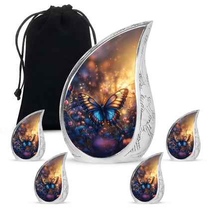 Warm Gold Butterfly Cremation Urn side profile showing urn shape - smooth teardrop contour featuring butterfly art - memorial set with one large and four small urns