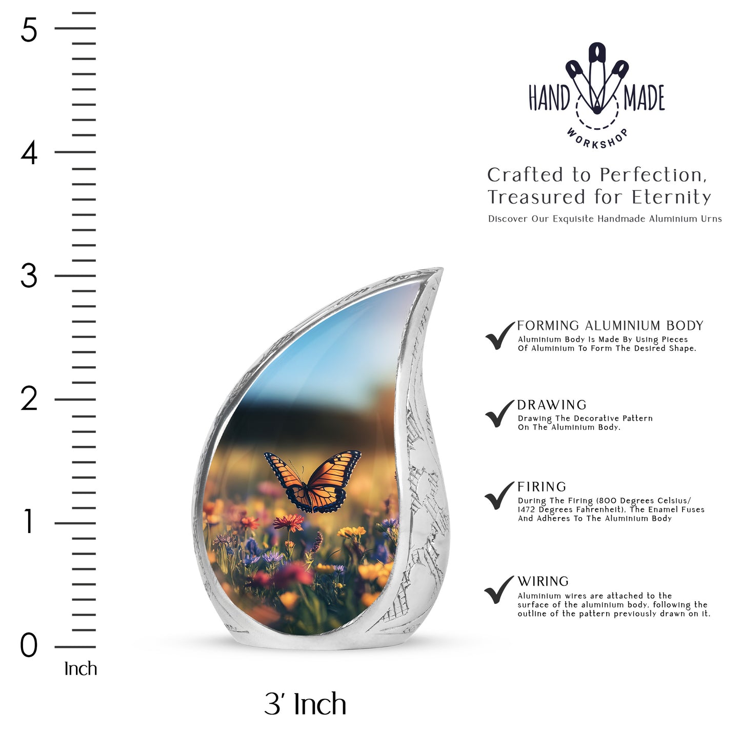 Deep Black Butterfly Cremation Urn angled view of lid and engraved motif - rounded teardrop butterfly design with delicate detail - mini keepsake memorial for portion of cremation ashes