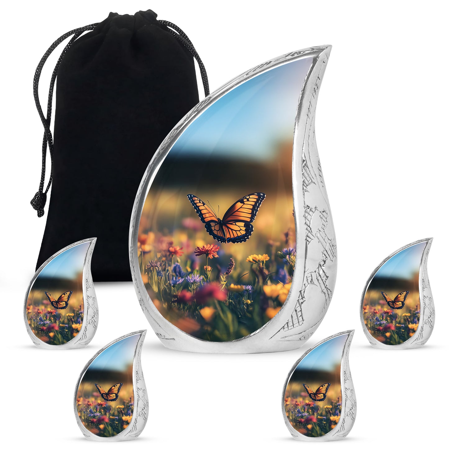 Deep Black Butterfly Cremation Urn side profile showing urn shape - rounded teardrop butterfly design with delicate detail - memorial set with one large and four small urns