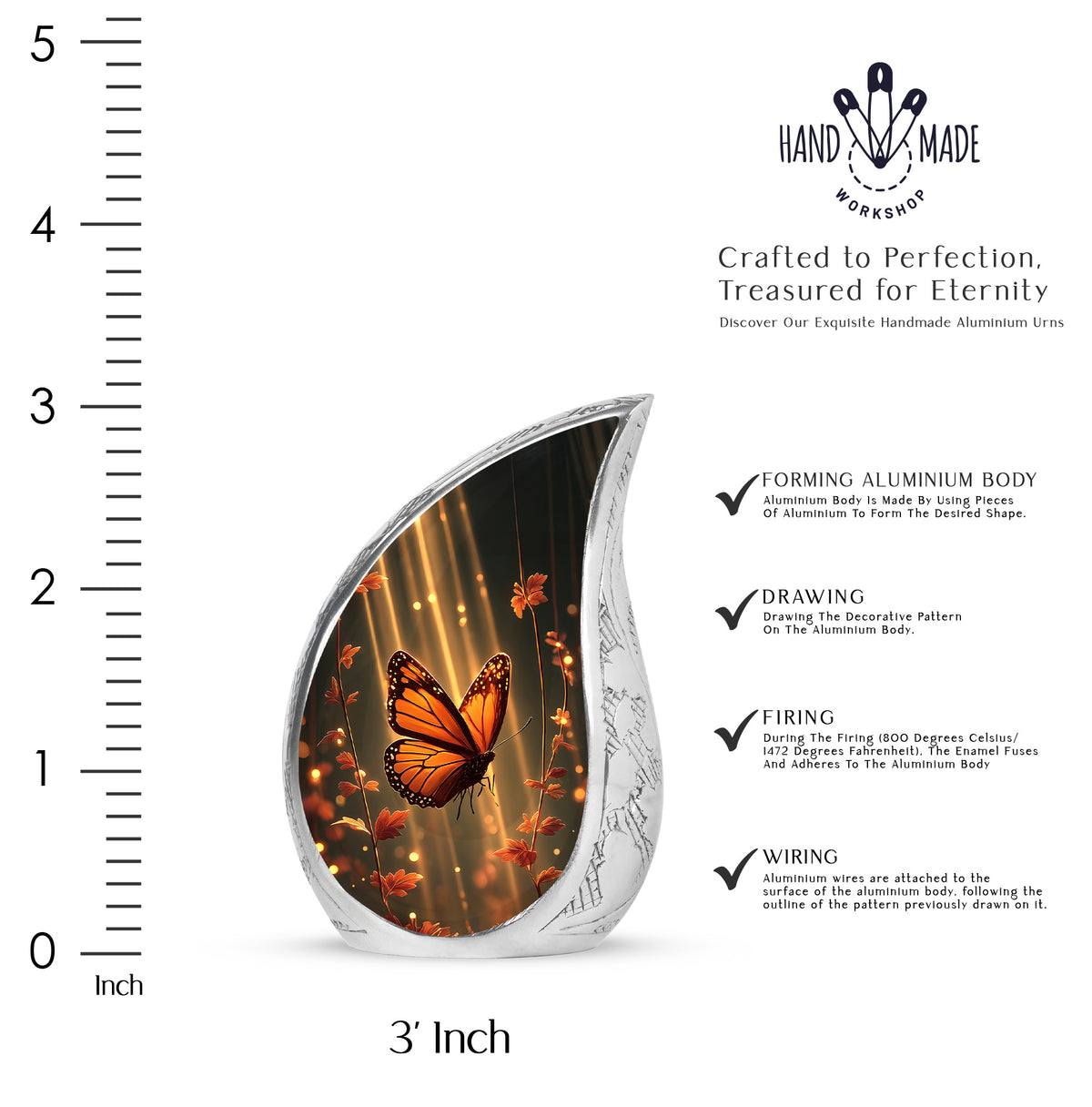 Deep Black Butterfly Cremation Urn angled view of lid and engraved motif - flowing teardrop butterfly silhouette on curved aluminum - mini keepsake memorial for portion of cremation ashes