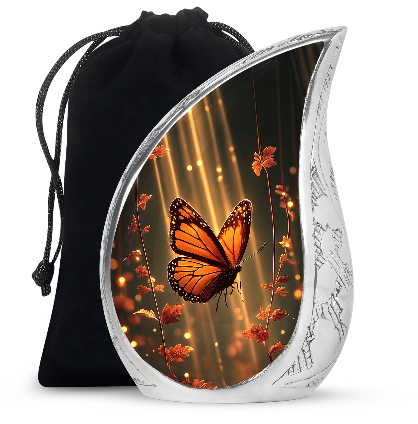 Charcoal Black Butterfly Cremation Urn front view showing detailed design - graceful tear-shaped urn with butterfly motif - full-size 10 inch 200 cubic inch adult cremation urn