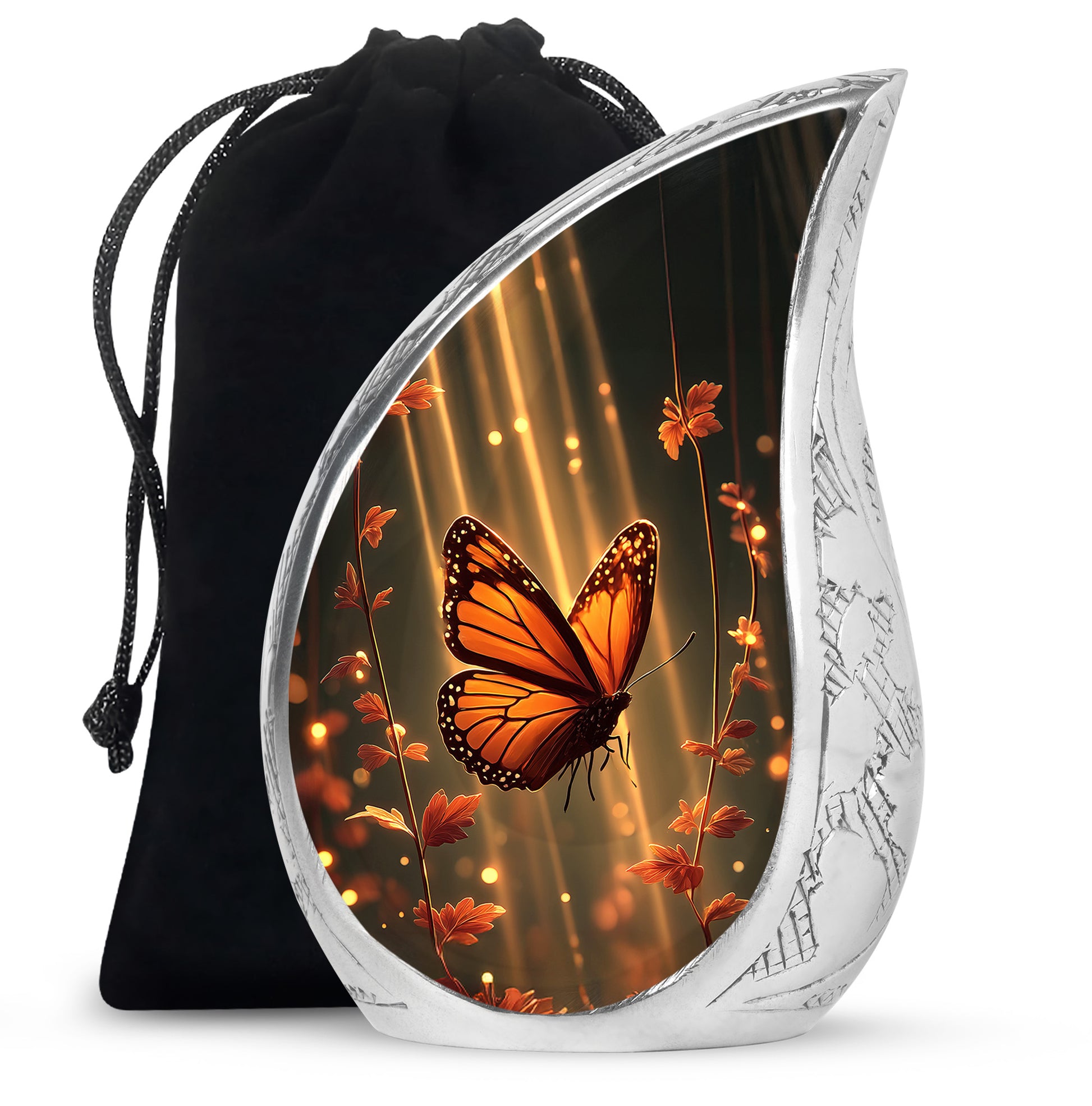 Charcoal Black Butterfly Cremation Urn front view showing detailed design - graceful tear-shaped urn with butterfly motif - full-size 10 inch 200 cubic inch adult cremation urn