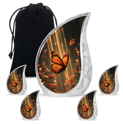 Midnight Black Butterfly Cremation Urn side profile showing urn shape - smooth teardrop contour featuring butterfly art - memorial set with one large and four small urns