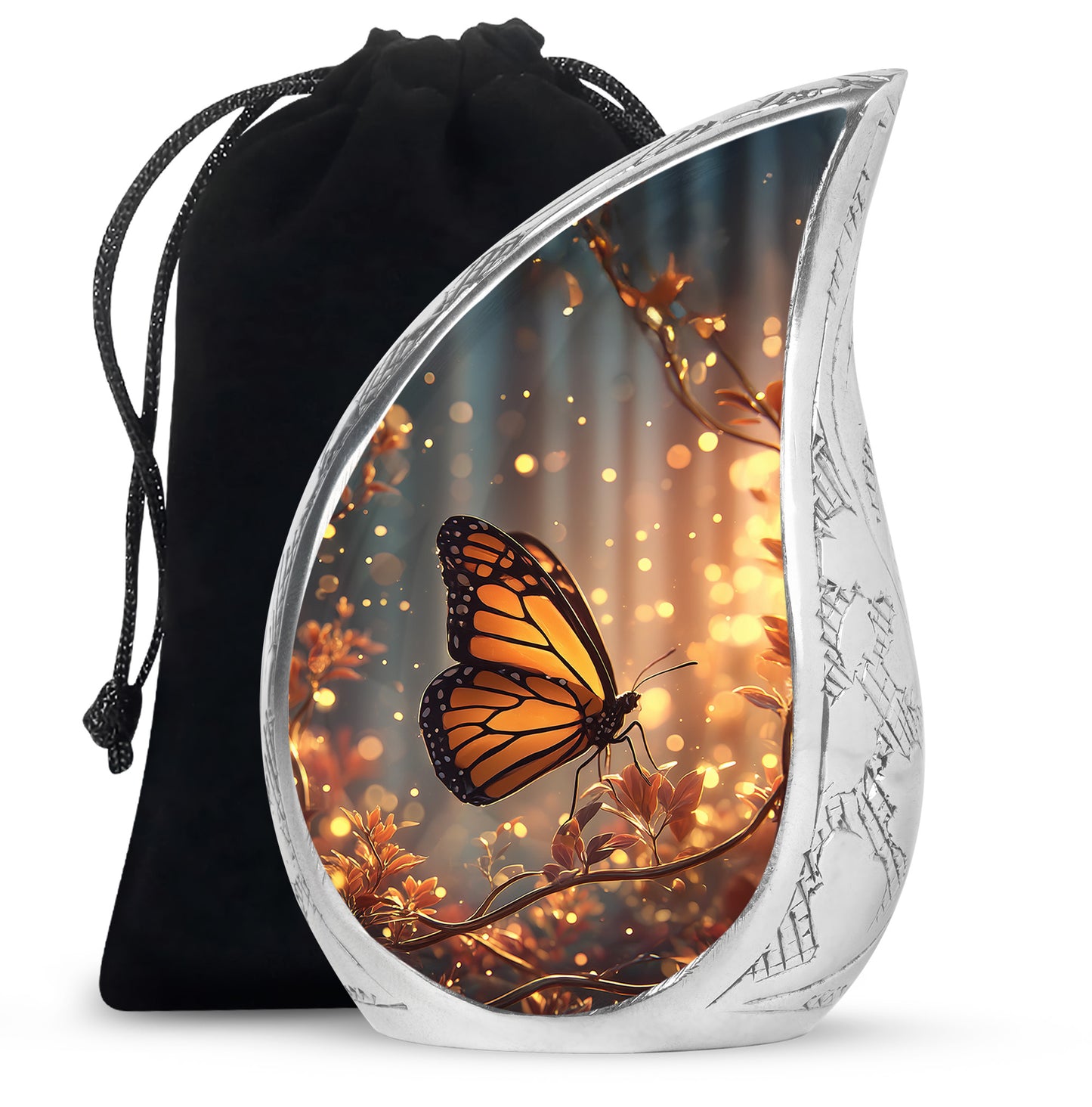 Navy Blue Butterfly Cremation Urn front view showing detailed design - flowing teardrop butterfly silhouette on curved aluminum - full-size 10 inch 200 cubic inch adult cremation urn