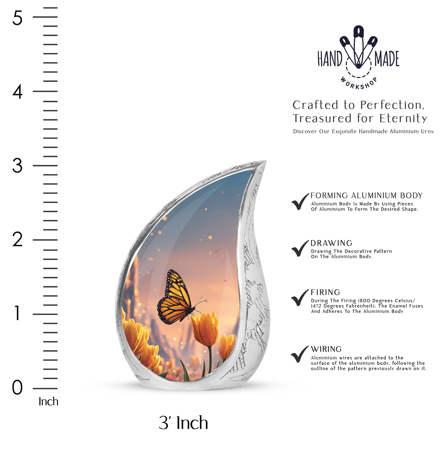Deep Red Butterfly Cremation Urn angled view of lid and engraved motif - flowing teardrop butterfly silhouette on curved aluminum - mini keepsake memorial for portion of cremation ashes