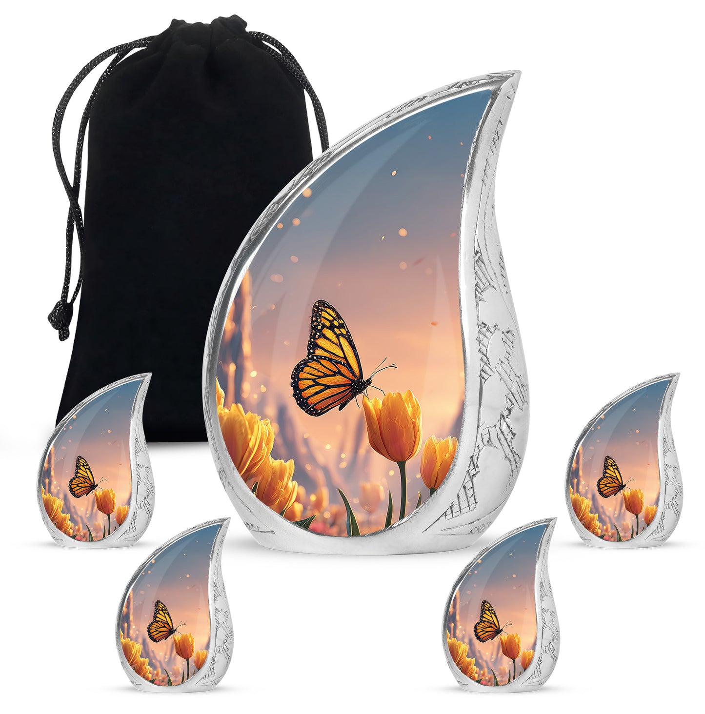 Fiery Red Butterfly Cremation Urn side profile showing urn shape - smooth teardrop contour featuring butterfly art - memorial set with one large and four small urns