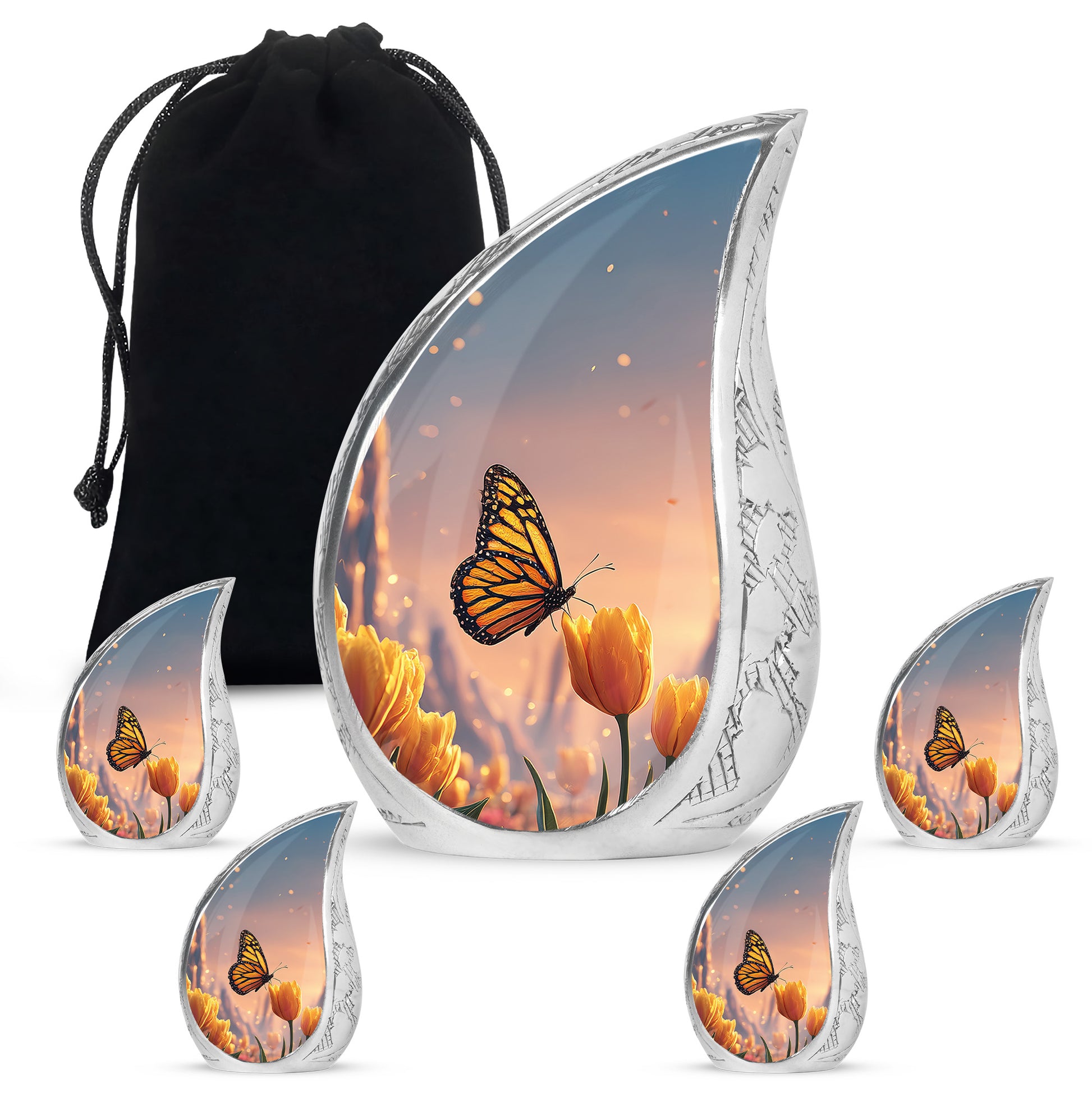 Fiery Red Butterfly Cremation Urn side profile showing urn shape - smooth teardrop contour featuring butterfly art - memorial set with one large and four small urns