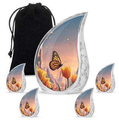 Fiery Red Butterfly Cremation Urn side profile showing urn shape - smooth teardrop contour featuring butterfly art - memorial set with one large and four small urns