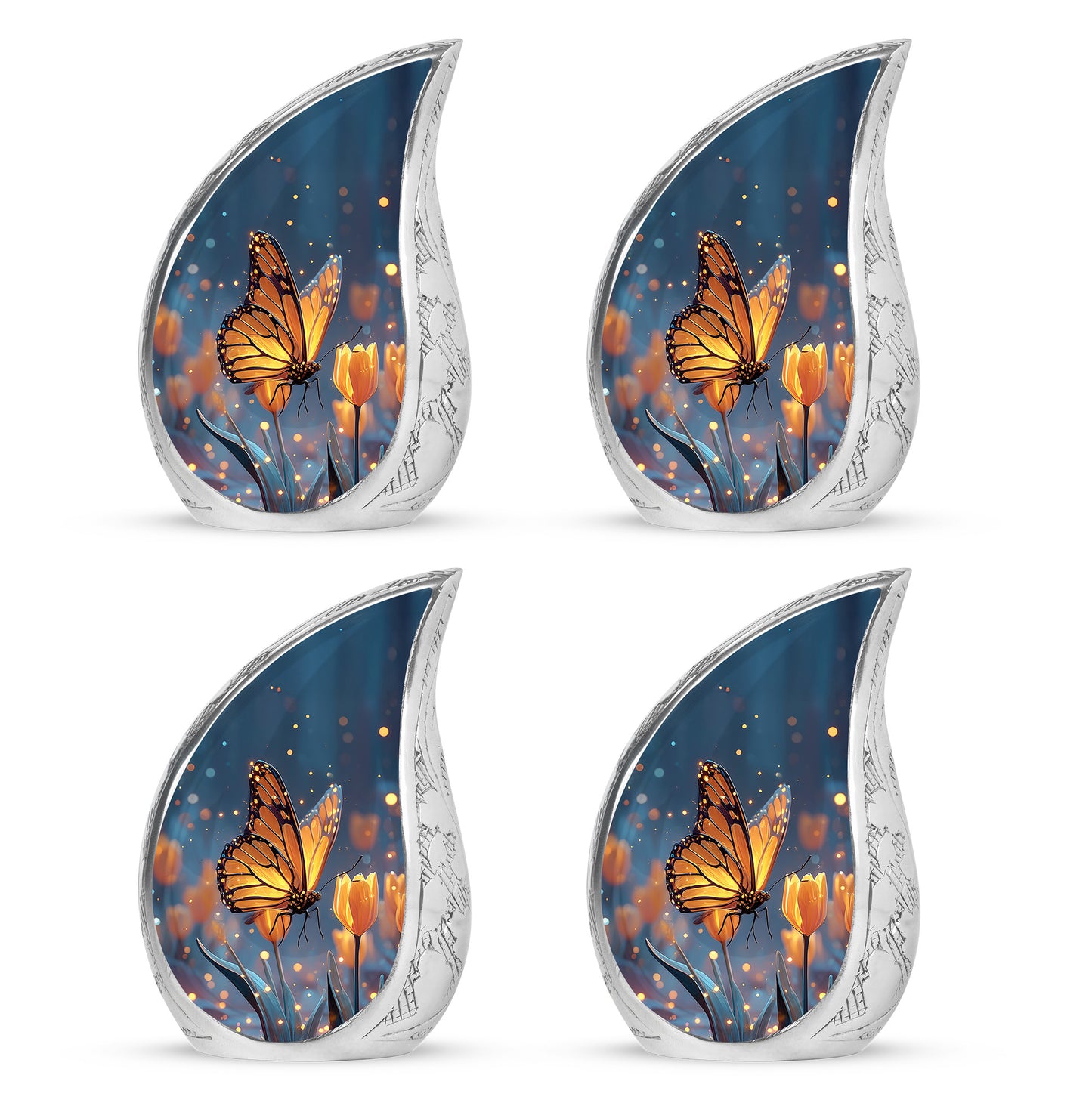 Indigo Butterfly Cremation Urn close-up of engraving and surface detail - rounded teardrop butterfly design with delicate detail - 10 inch aluminum urn for cremated remains