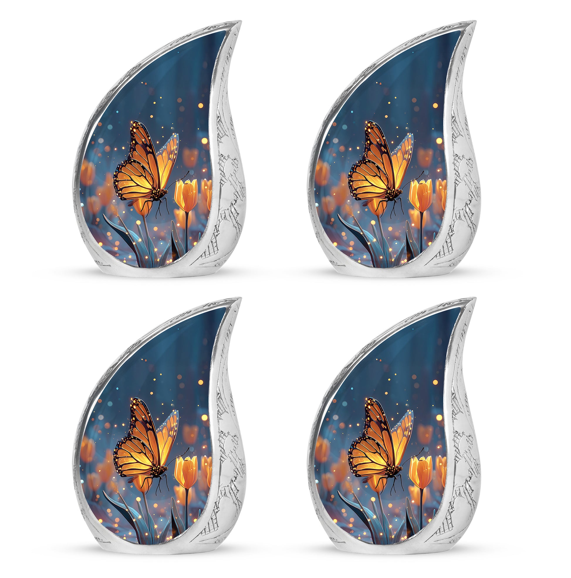 Indigo Butterfly Cremation Urn close-up of engraving and surface detail - rounded teardrop butterfly design with delicate detail - 10 inch aluminum urn for cremated remains
