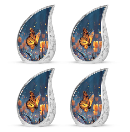Indigo Butterfly Cremation Urn close-up of engraving and surface detail - rounded teardrop butterfly design with delicate detail - 10 inch aluminum urn for cremated remains