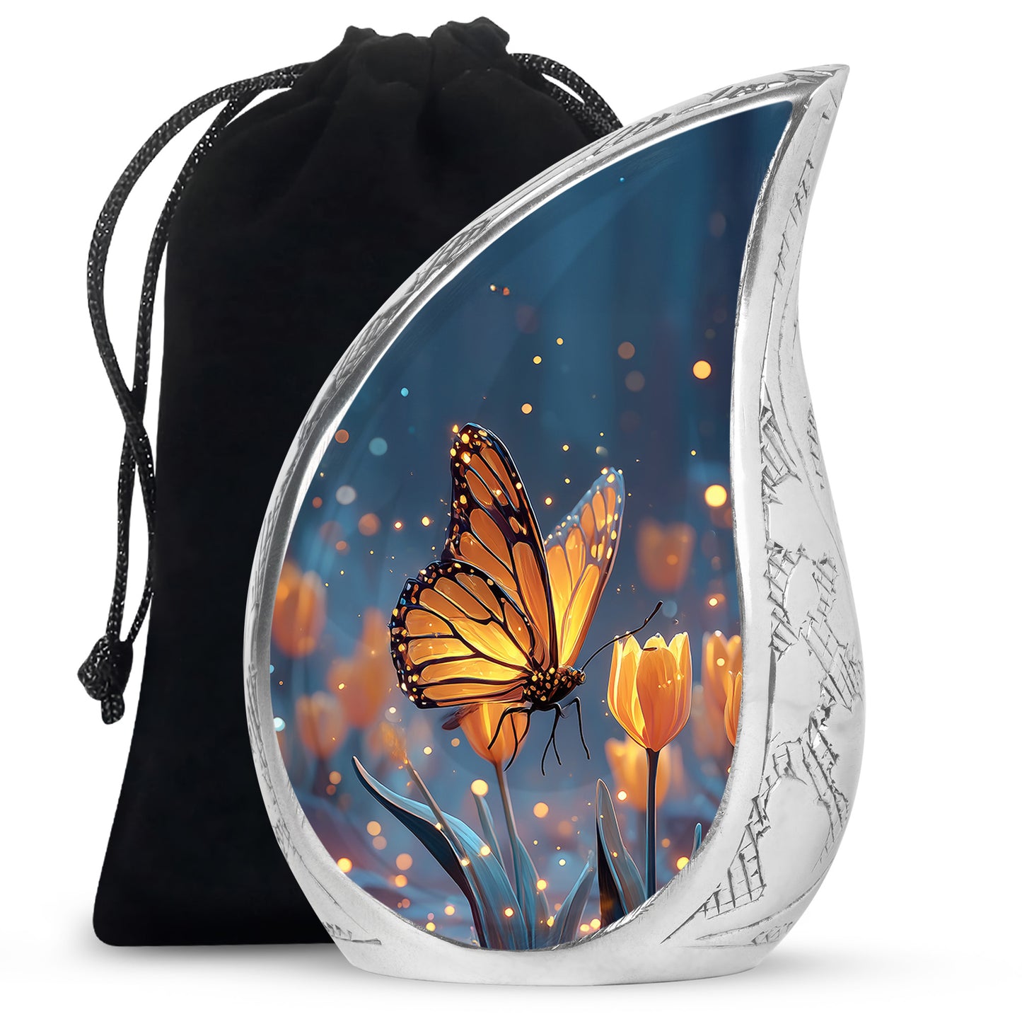 Cobalt Blue Butterfly Cremation Urn front view showing detailed design - graceful tear-shaped urn with butterfly motif - full-size 10 inch 200 cubic inch adult cremation urn