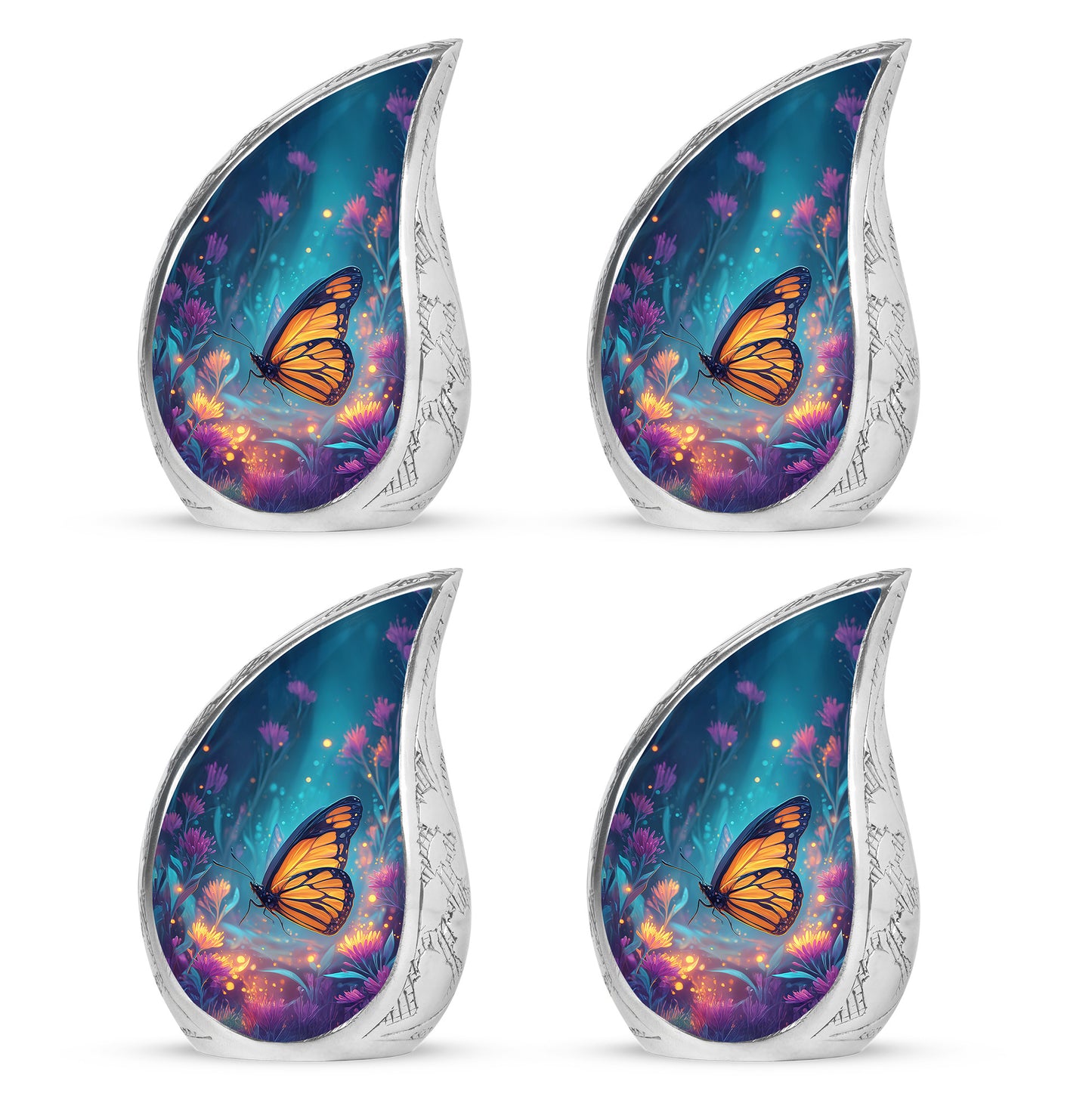 Pastel Blue Butterfly Cremation Urn close-up of engraving and surface detail - rounded teardrop butterfly design with delicate detail - 10 inch aluminum urn for cremated remains