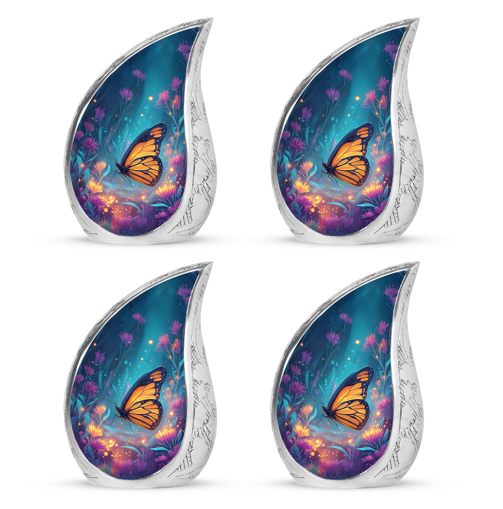 Pastel Blue Butterfly Cremation Urn close-up of engraving and surface detail - rounded teardrop butterfly design with delicate detail - 10 inch aluminum urn for cremated remains